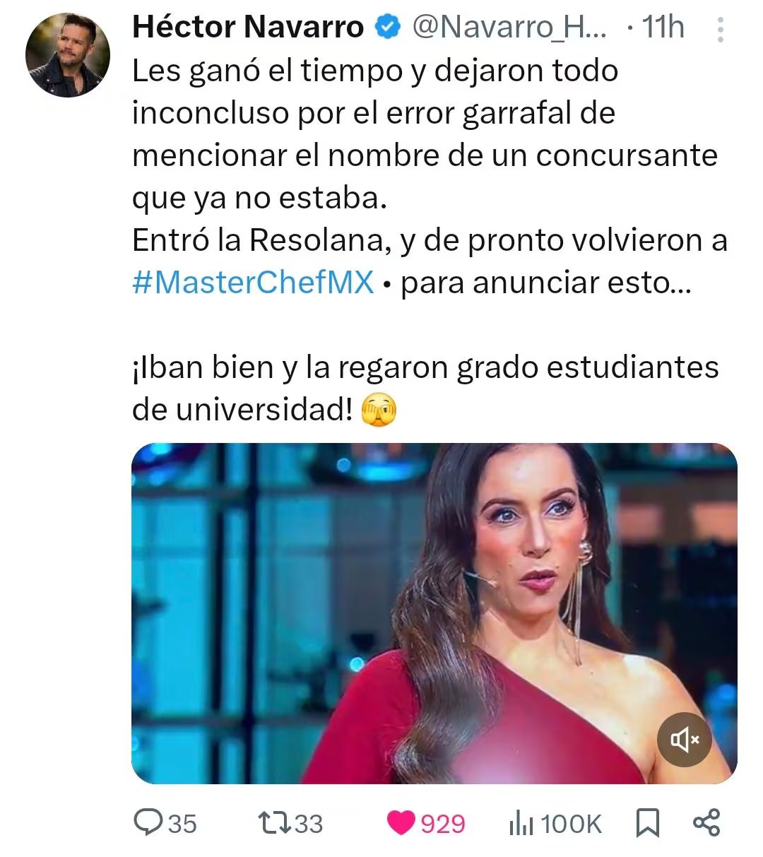 El presentador Héctor Navarro expresa su desilusión en X por los errores de producción durante el accidentado estreno de MasterChef México 2026, lo que provocó una ola de reacciones en la plataforma. (X)