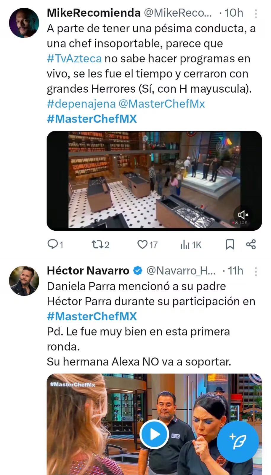 Capturas de pantalla de publicaciones en X muestran diversas reacciones y comentarios sobre el controvertido estreno de MasterChef México 2026. (X)