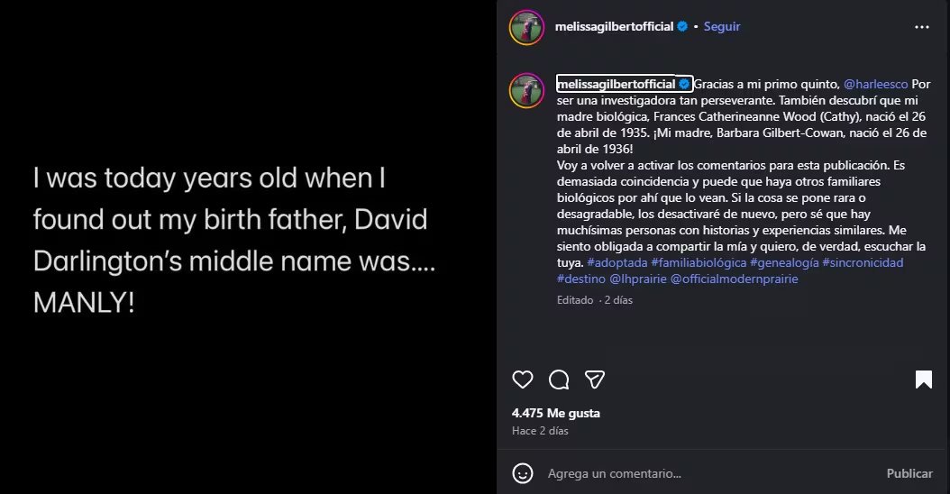 Melissa Gilbert compartió nuevos detalles de su familia biológica. (Instagram)