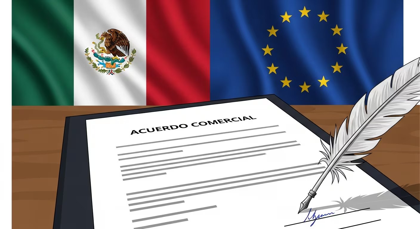 Ilustración representa la firma de un acuerdo comercial entre México y la Unión Europea, con las banderas de ambas entidades al fondo y un documento con una pluma en primer plano. (Imagen Ilustrativa Infobae)