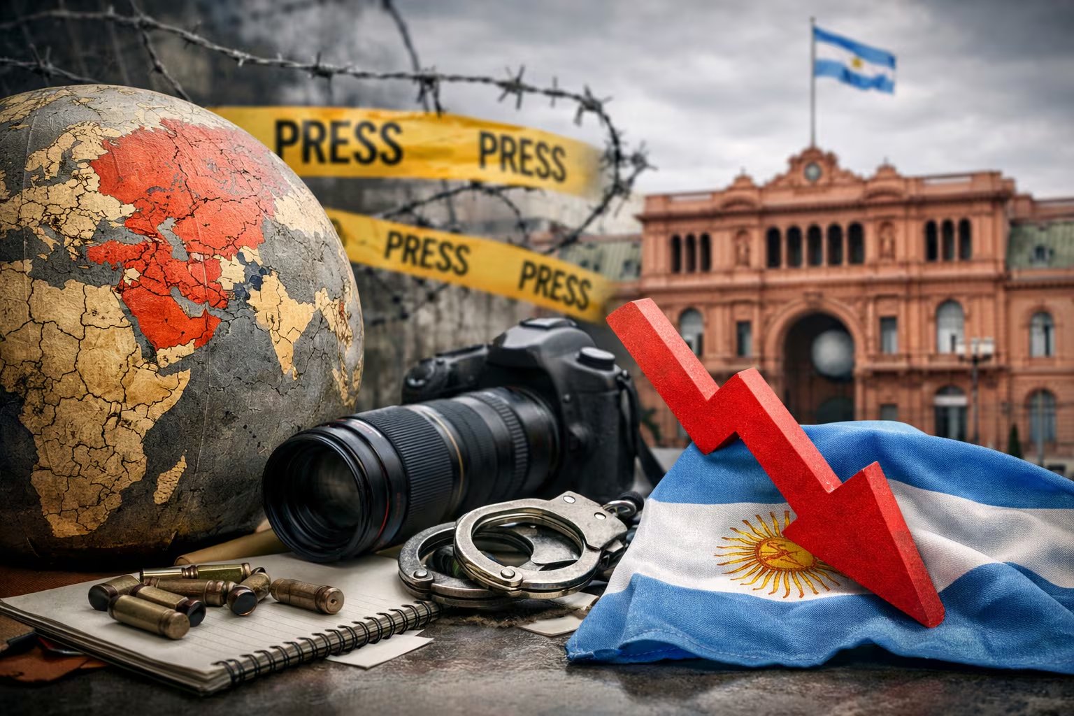 La imagen representa la alarmante caída global y de Argentina en la libertad de prensa, con la Casa Rosada de fondo y símbolos de represión y periodismo bajo amenaza. (Imagen Ilustrativa Infobae)