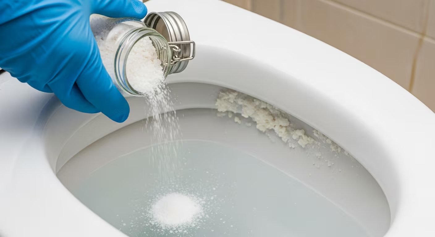 Una persona emplea guantes azules mientras vierte un producto en polvo, posiblemente bicarbonato de sodio, en el interior de un inodoro para limpiar y desinfectar, mostrando una alternativa ecológica a los limpiadores químicos convencionales. (Imagen Ilustrativa Infobae)