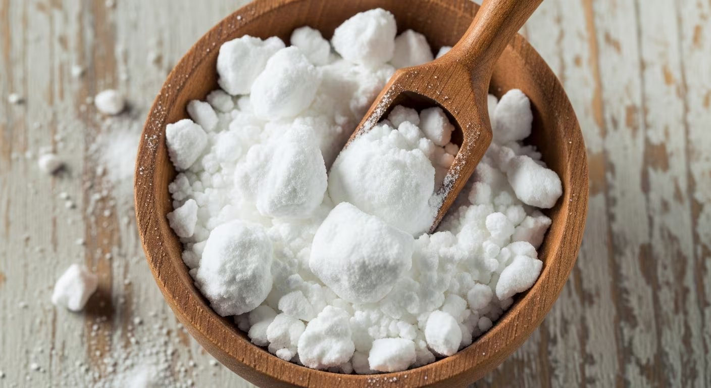 En la imagen se observa un tazón de madera lleno de bicarbonato de sodio en forma de gránulos y partículas, acompañado de una cuchara, sobre una superficie rústica. El bicarbonato de sodio es ampliamente utilizado tanto en la gastronomía como en la limpieza doméstica por sus múltiples propiedades. (Imagen Ilustrativa Infobae)