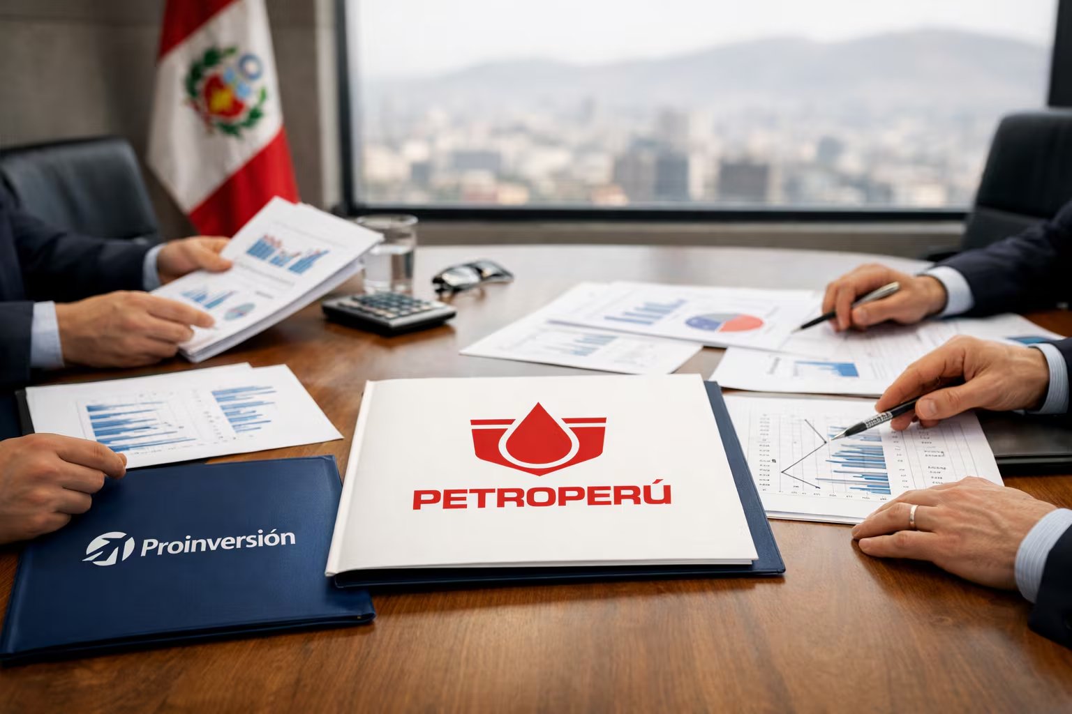 Ejecutivos con documentos de Petroperú y Proinversión revisan gráficos financieros en una reunión en Lima, reflejando el análisis estratégico y la intervención estatal. (Imagen Ilustrativa Infobae)