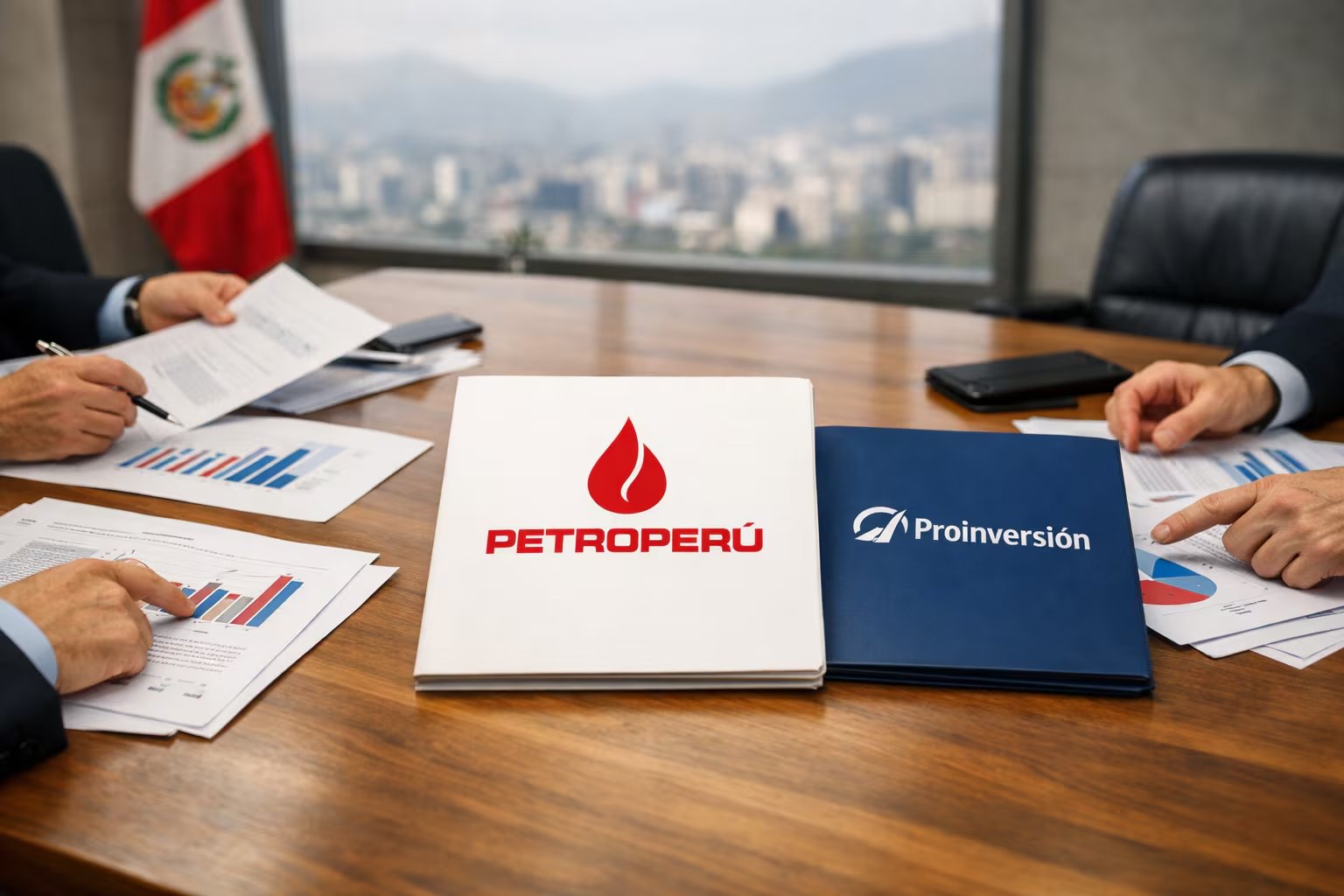 Manos de ejecutivos revisan informes financieros y gráficos en una mesa de reuniones con carpetas de Petroperú y Proinversión, en una oficina con vista a la ciudad de Lima. (Imagen Ilustrativa Infobae)