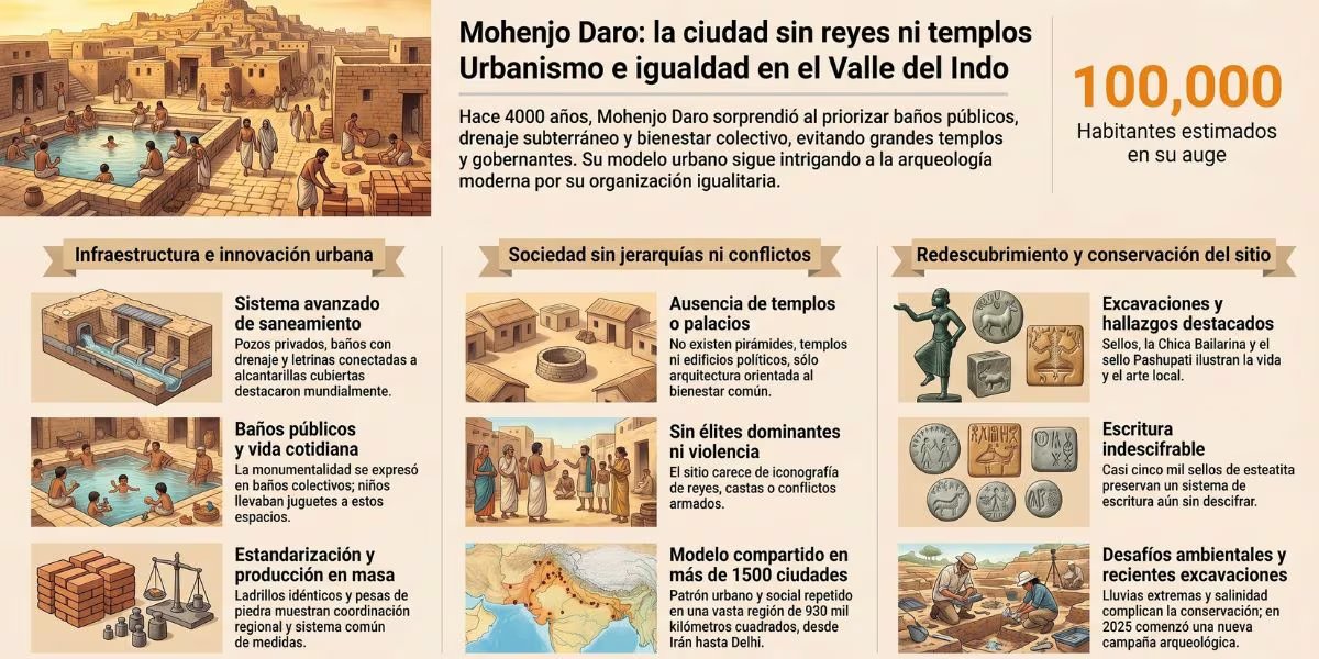 Mohenjo Daro carece de evidencia de élites, guerras o castas, indicando una sociedad igualitaria, un caso excepcional en la historia antigua (Imagen Ilustrativa Infobae)