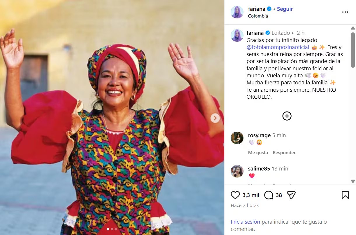 Fariana se pronunció por la muerte de Totó La Momposina - crédito @fariana/IG