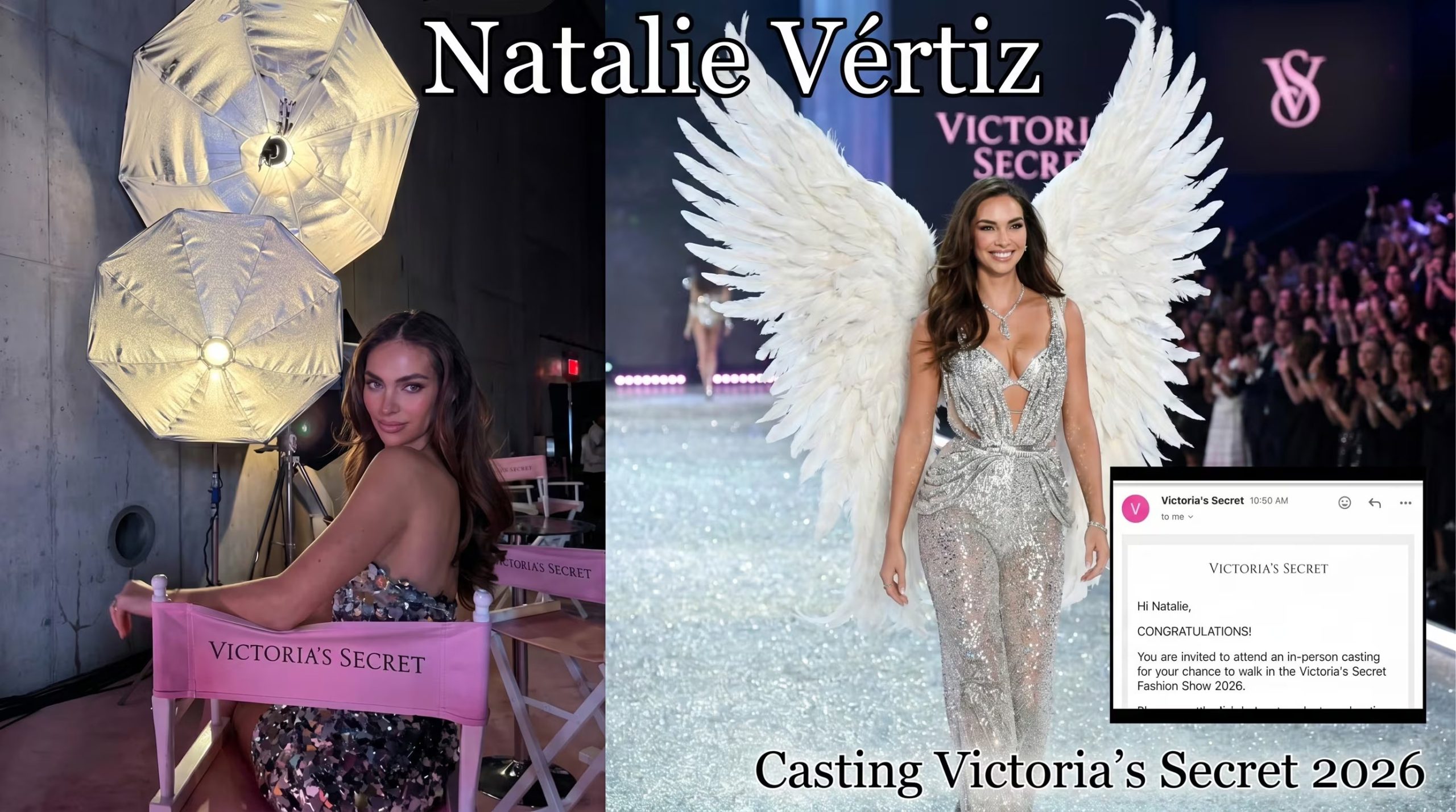 Natalie Vértiz posa en un estudio y desfila con alas de ángel de Victoria's Secret, celebrando su invitación al casting para el desfile de 2026. (Imagen Ilustrativa Infobae)