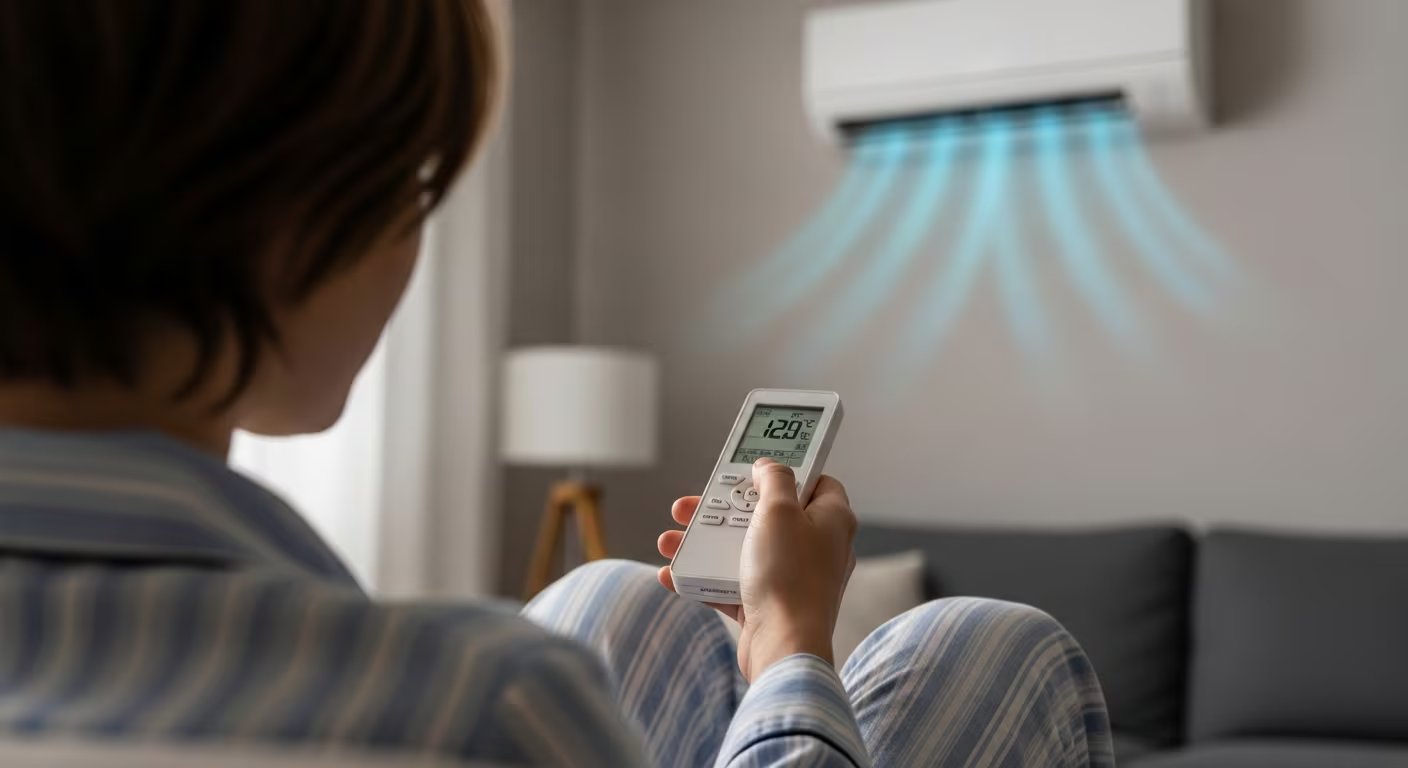 Una persona en pijama sostiene un control remoto para calibrar la temperatura de un aire acondicionado, buscando el ambiente ideal en su hogar. (Imagen Ilustrativa Infobae)