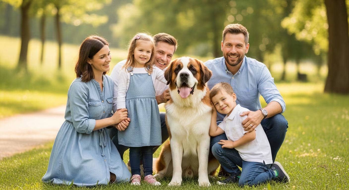 Una familia sonríe junto a su San Bernardo, raza de perro considerada por ser paciente y protector. (Imagen Ilustrativa Infobae)