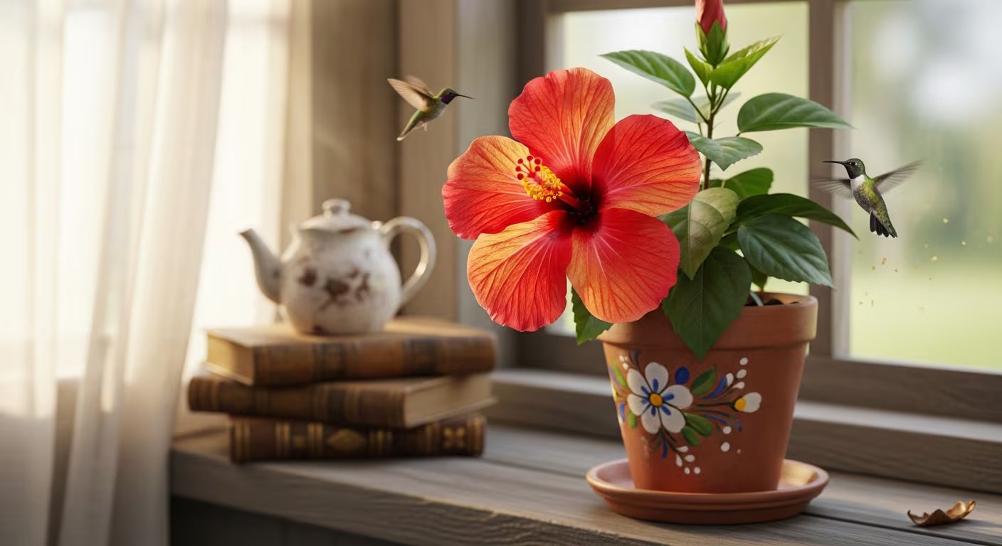Un vibrante hibisco rojo en una maceta decorada adorna un alféizar junto a una pila de libros y una tetera, mientras dos colibríes revolotean cerca de la flor. (Imagen Ilustrativa Infobae)