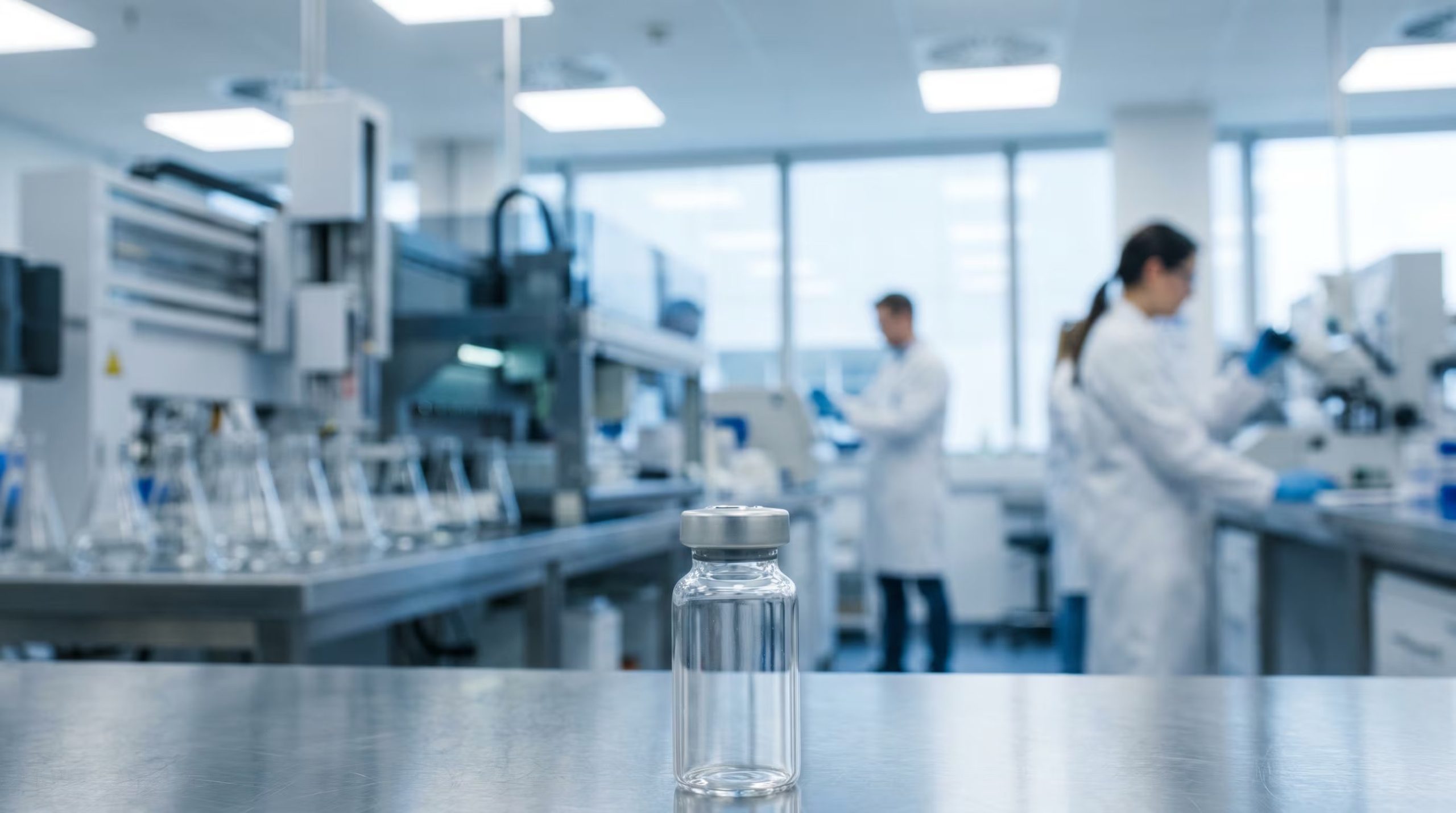 Un frasco de vacuna transparente se encuentra sobre una superficie metálica en un laboratorio farmacéutico moderno, con científicos y equipo especializado desenfocados al fondo. (Imagen Ilustrativa Infobae)