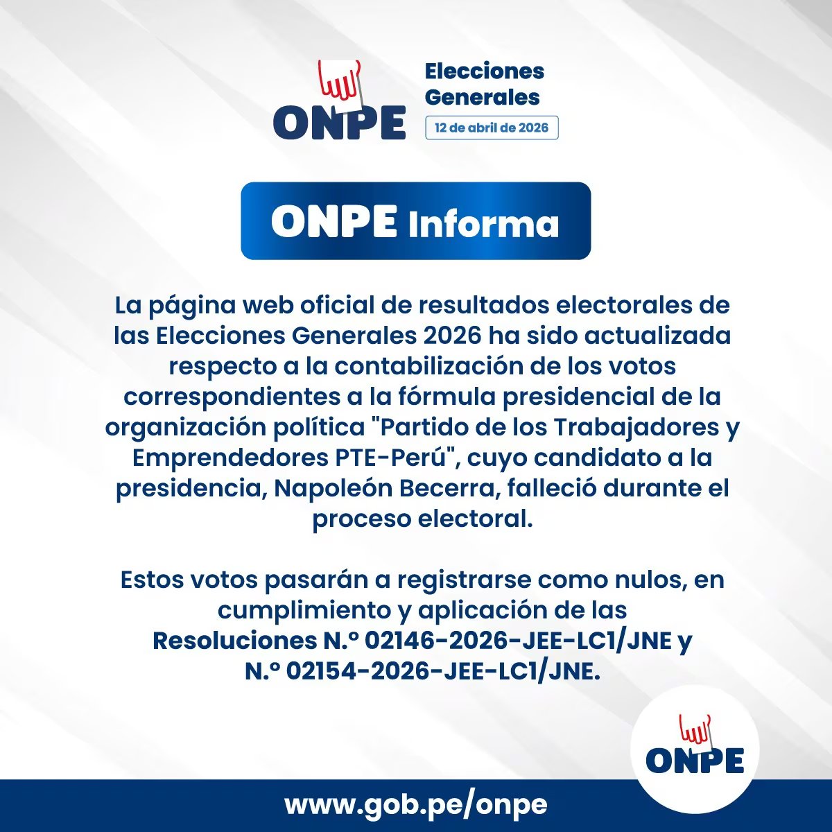 La ONPE actualizó su página web de resultados electorales para las Elecciones Generales 2026, declarando nulos los votos correspondientes al Partido de los Trabajadores y Emprendedores PTE-Perú tras el fallecimiento de su candidato presidencial, Napoleón Becerra, durante el proceso.