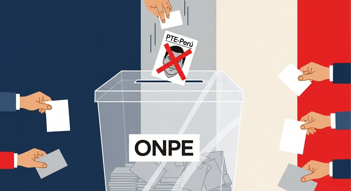 Una ilustración editorial muestra una urna electoral transparente con el logo de ONPE, de la cual cae una papeleta con el rostro de Napoleón Becerra tachado con una X roja, simbolizando una exclusión. (Imagen Ilustrativa Infobae)