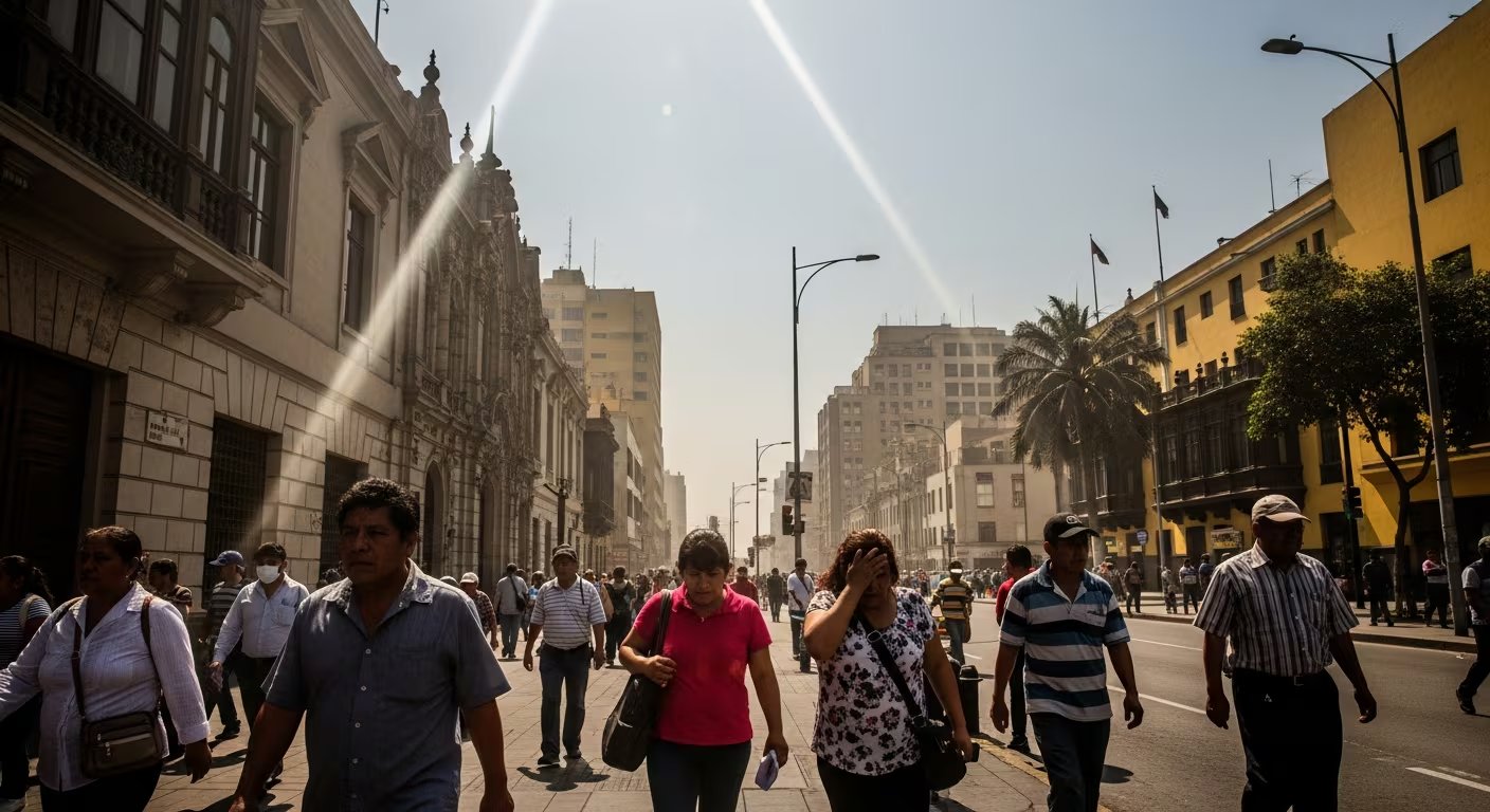 Residentes caminan bajo el intenso sol y los rayos directos en una calle céntrica de Lima, evidenciando el agotamiento provocado por las altas temperaturas. (Imagen Ilustrativa Infobae)