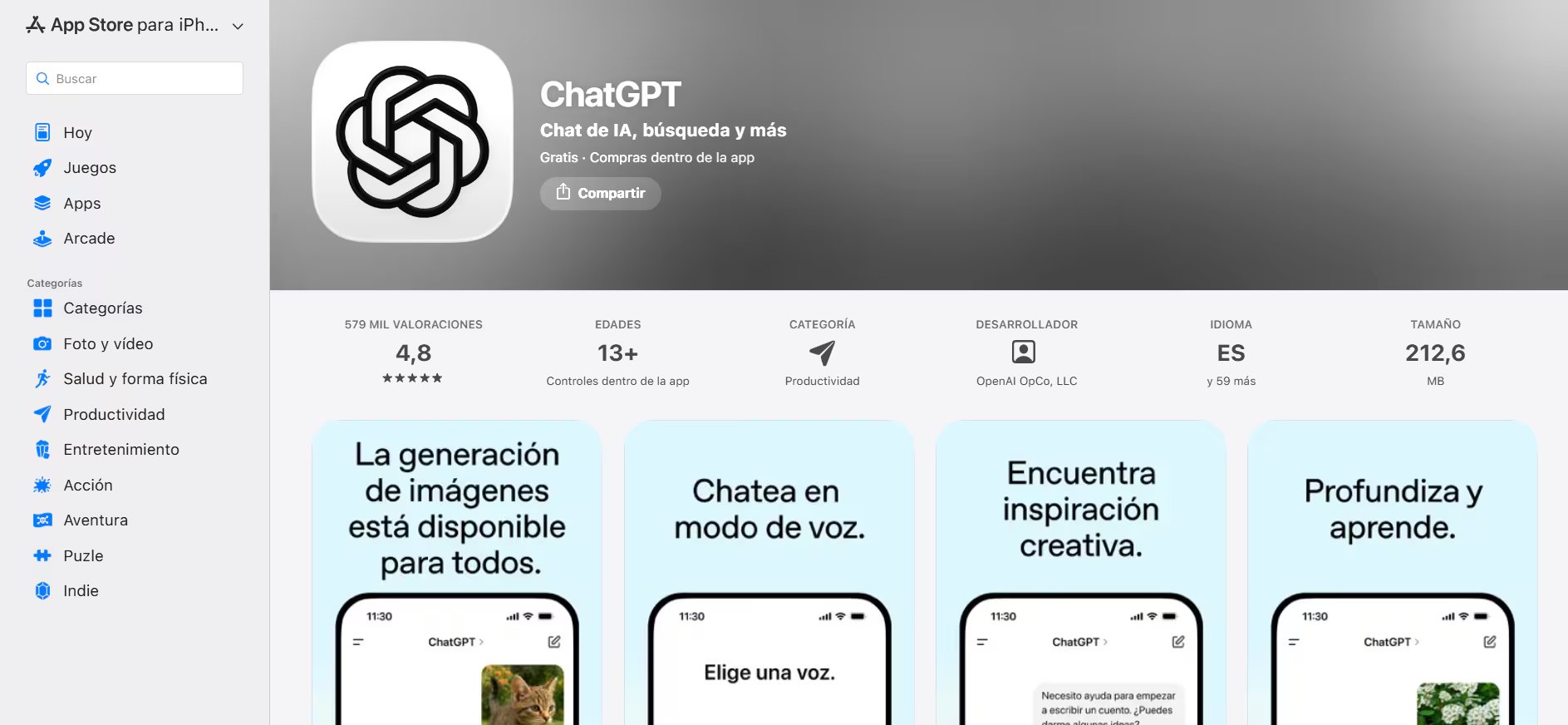 Los usuarios de Apple prefieren usar la app de ChatGPT. (App Store)