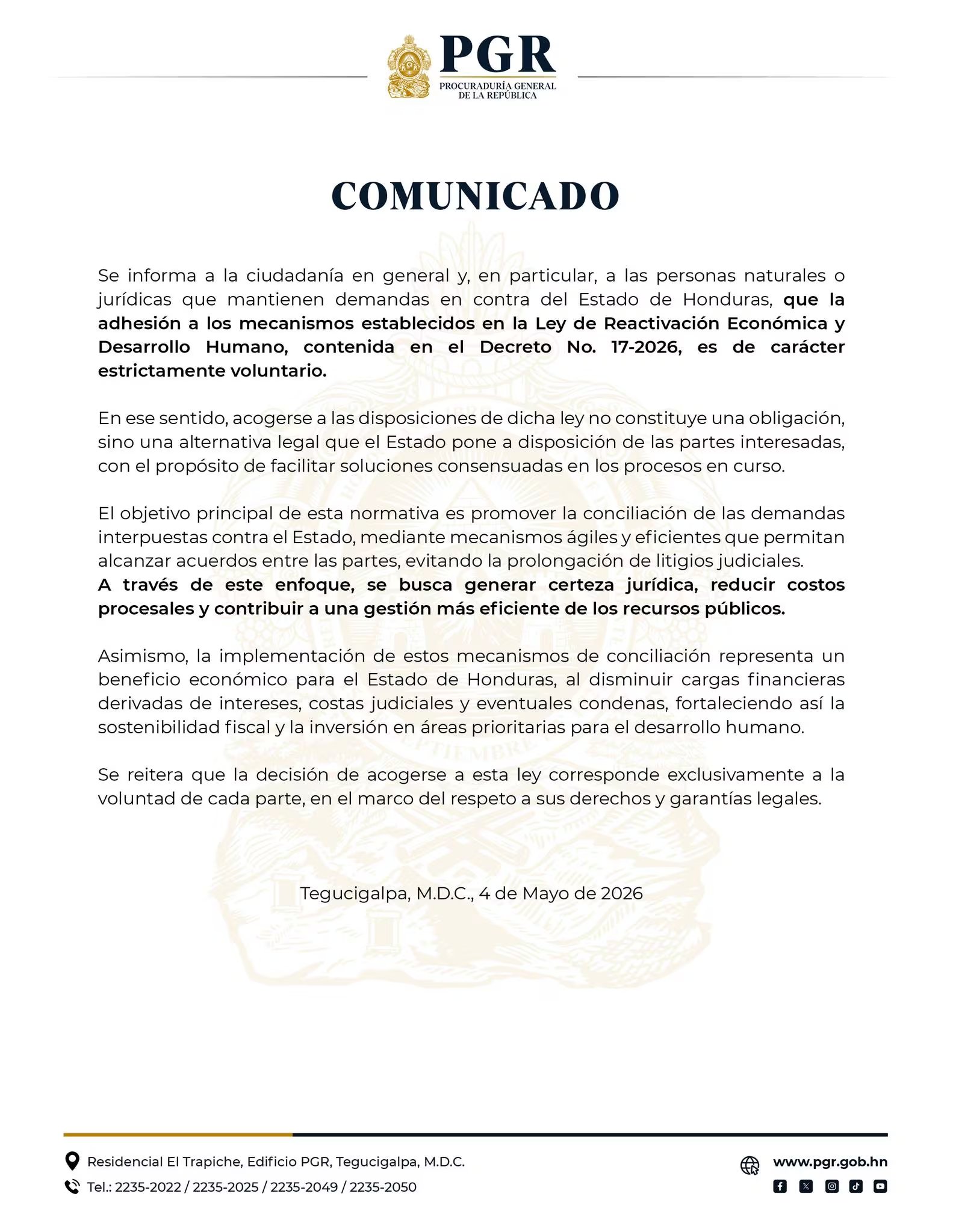 La normativa busca agilizar acuerdos entre empleados públicos y el Estado hondureño, sin sustituir los juicios en curso ni imponer condiciones.