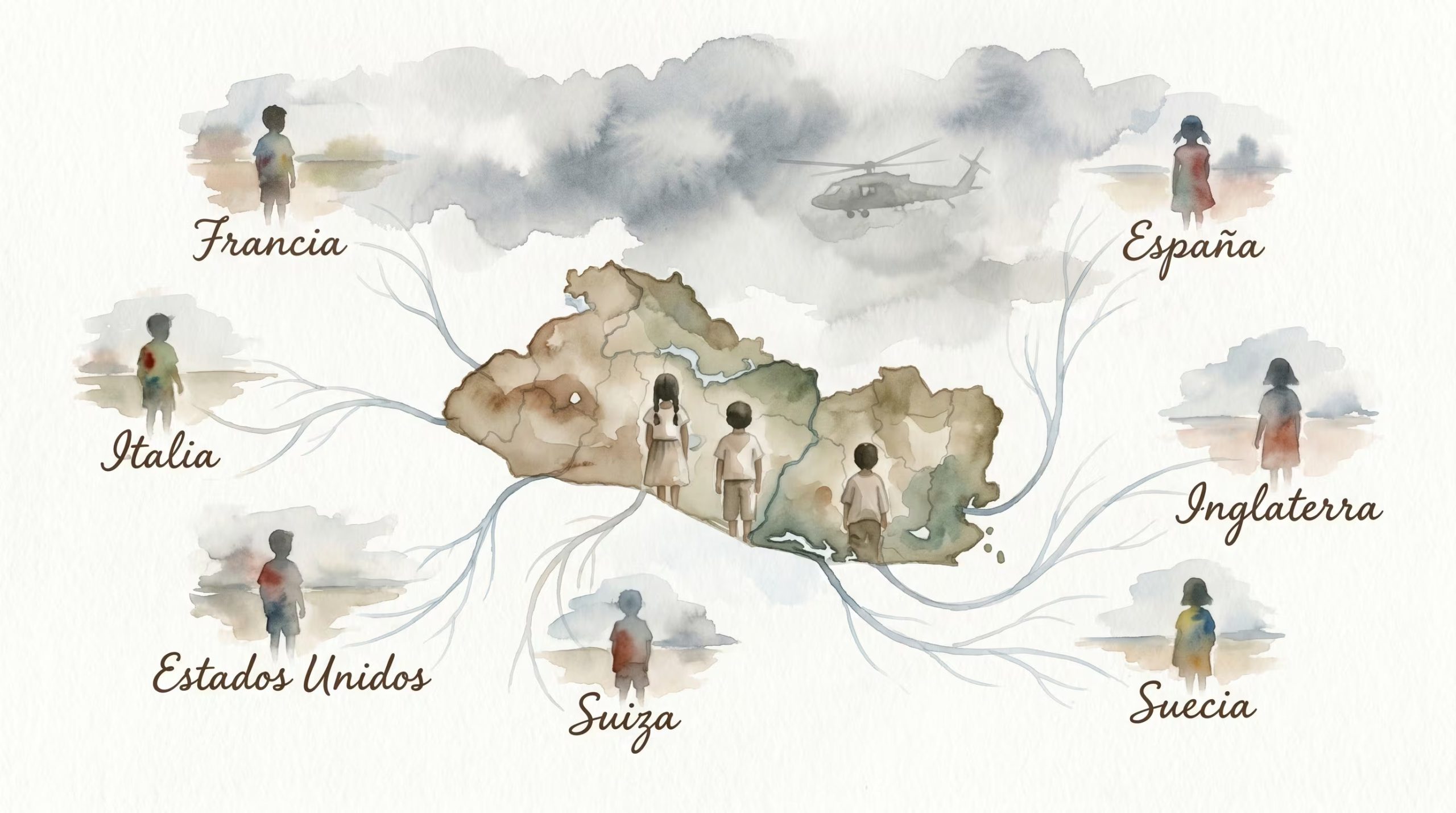 Ilustración en acuarela que representa la diáspora salvadoreña, con niños emergiendo de un mapa de El Salvador y líneas hacia países como Estados Unidos y España, bajo un cielo nublado y un helicóptero. (Imagen Ilustrativa Infobae)