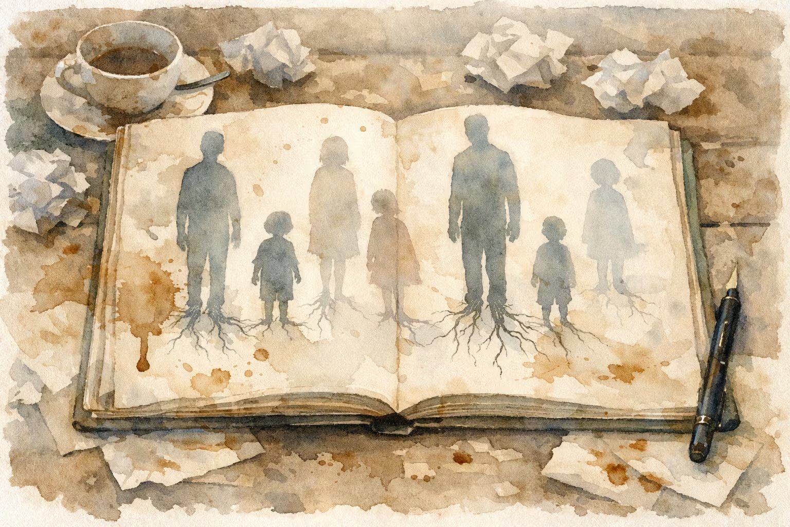 Una ilustración en acuarela representa siluetas translúcidas de adultos y niños con raíces sobre las páginas de un libro abierto, rodeado de papeles arrugados y una taza de café, evocando una reflexión sobre la identidad y la herencia familiar. (Imagen Ilustrativa Infobae)