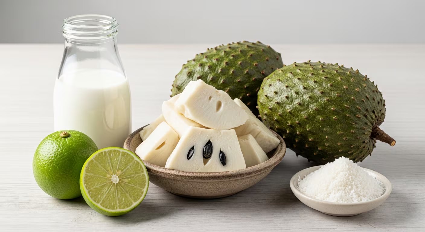Ingredientes frescos de guanábana, leche de coco, limón y coco rallado se presentan sobre una mesa de madera clara, listos para preparar una refrescante bebida tropical. (Imagen Ilustrativa Infobae)