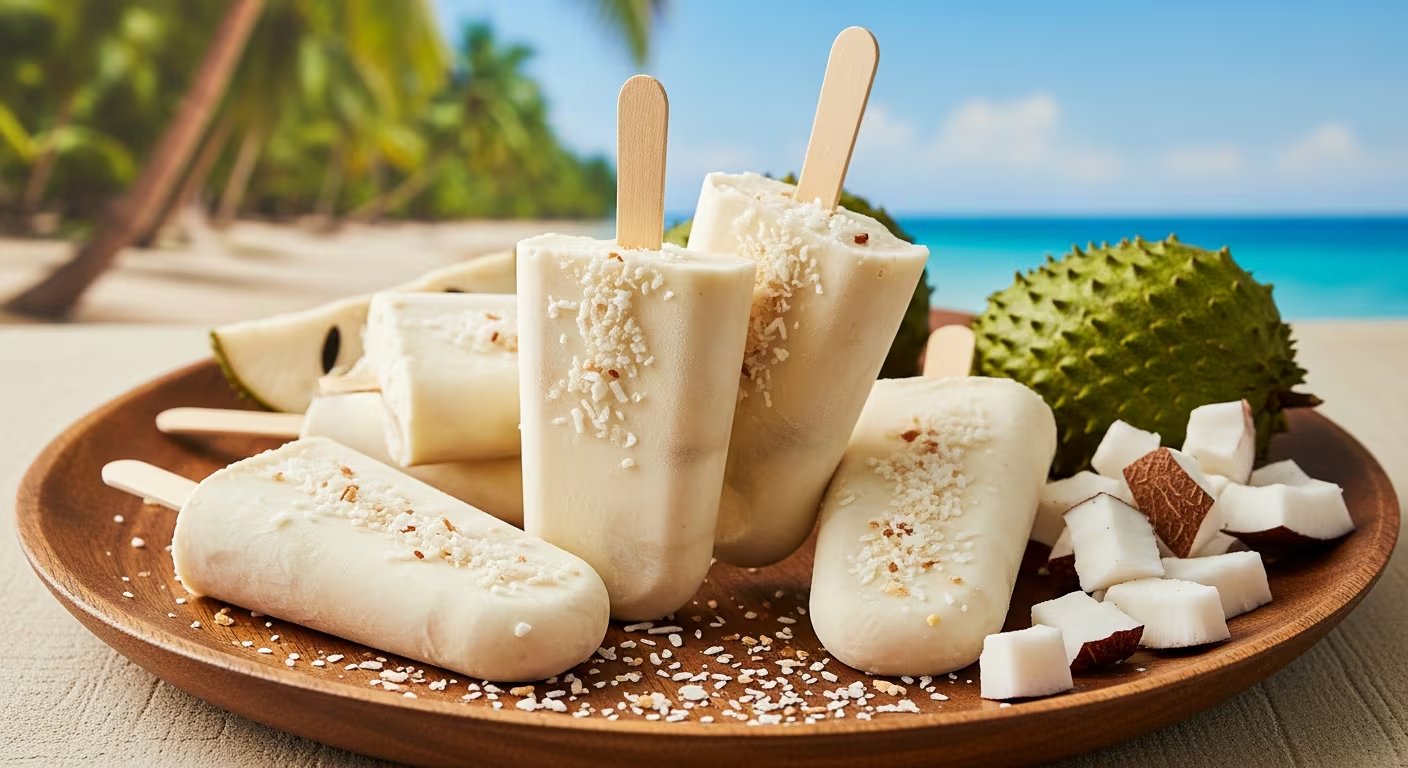 Paletas heladas de guanábana y coco, adornadas con coco rallado y trozos de fruta, se exhiben en un plato de madera con un vibrante fondo playero y palmeras. (Imagen Ilustrativa Infobae)