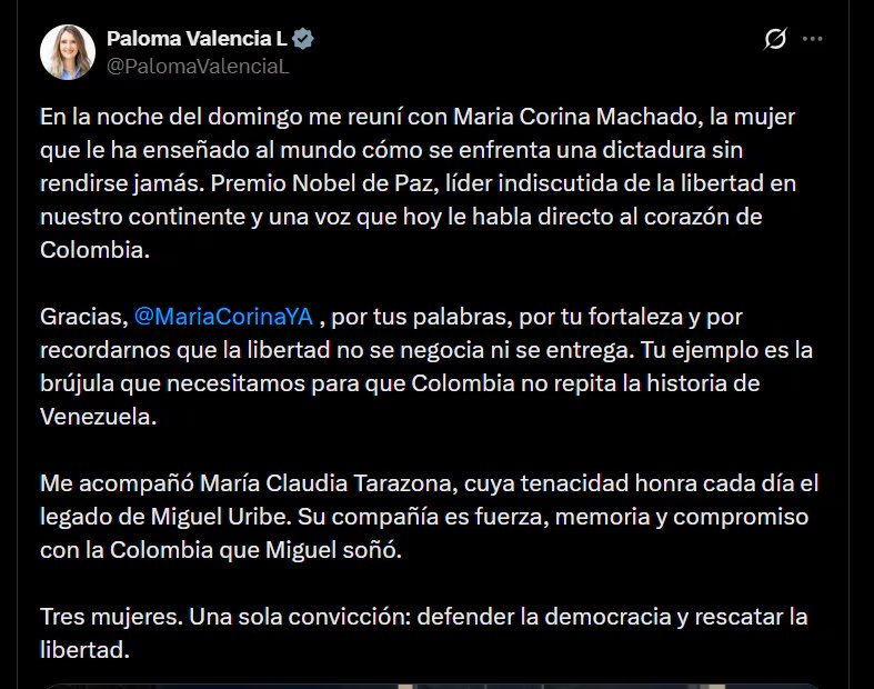 Paloma Valencia agradeció las palabras de María Corina Machado, señalando que es un ejemplo que necesita Colombia para que “no repita la historia de Venezuela