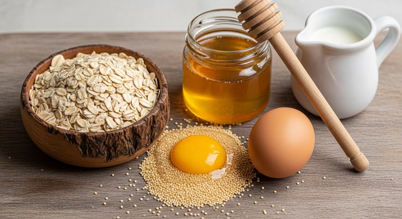 Una variedad de ingredientes frescos como avena, amaranto, huevo, miel y leche dispuestos sobre una tabla de madera, listos para preparar una comida nutritiva. (Imagen Ilustrativa Infobae)