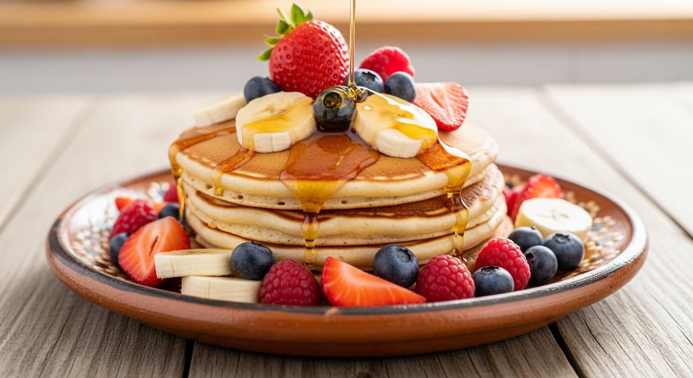 Pancakes apilados, decorados con una variedad de frutas frescas como fresas, plátano, arándanos y frambuesas, son bañados con miel de agave sobre un plato rústico mexicano de cerámica. (Imagen Ilustrativa Infobae)