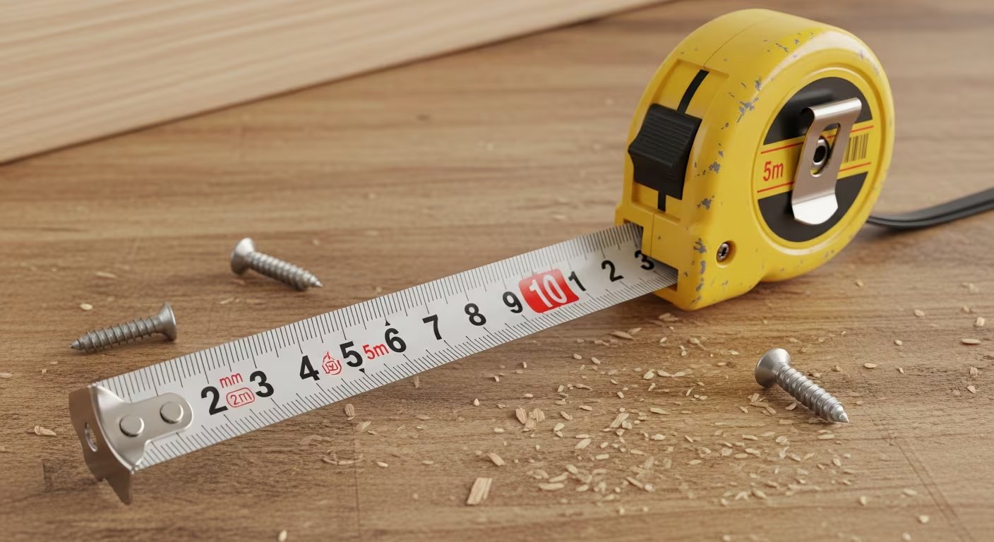 Una cinta métrica amarilla extendida y varios tornillos metálicos descansan sobre una superficie de madera con virutas, simbolizando trabajo y precisión. (Imagen Ilustrativa Infobae)