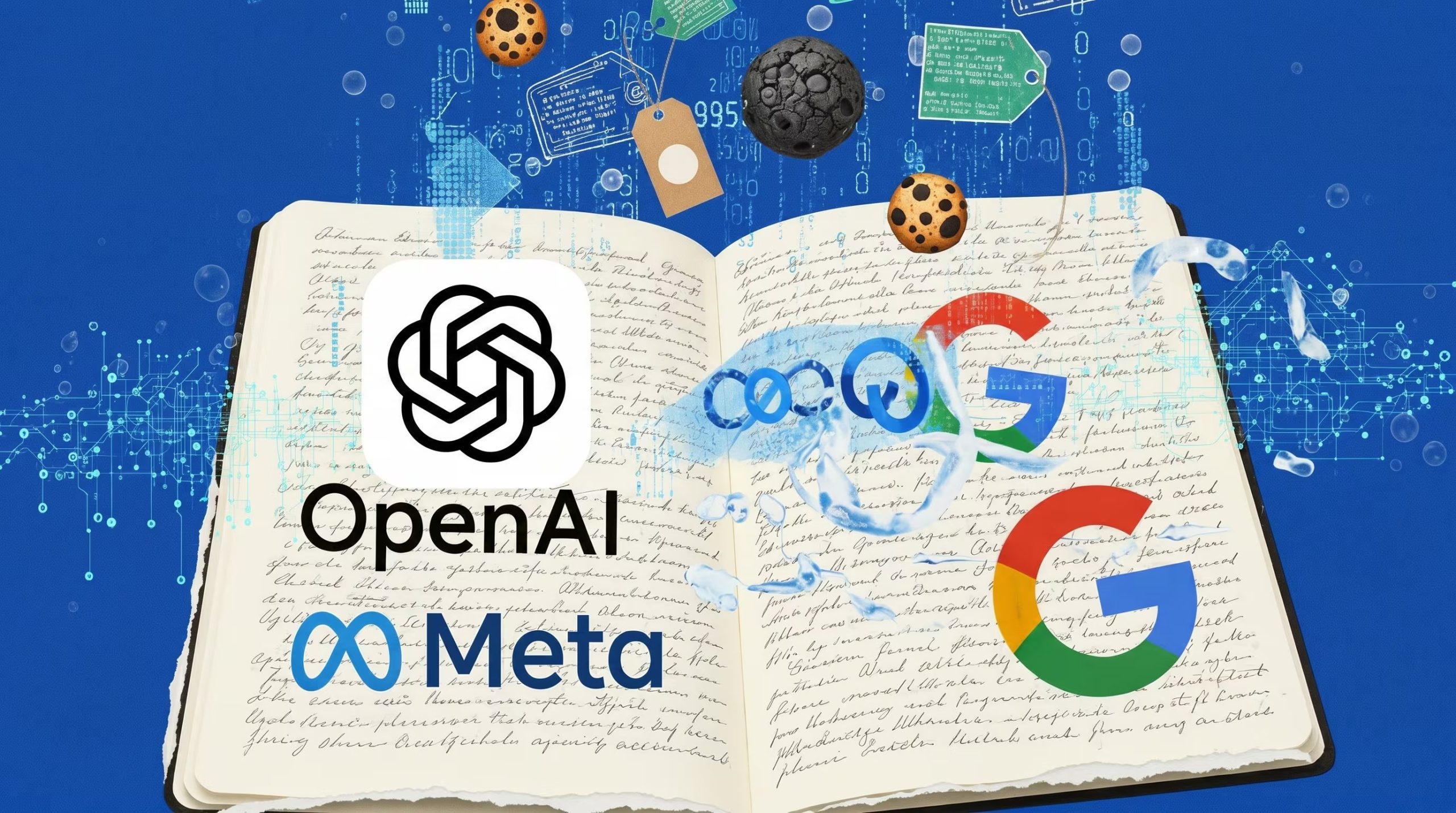 Una representación visual que fusiona los logos de OpenAI, Meta y Google con elementos de datos y conocimiento, simbolizando el impacto de la inteligencia artificial y las grandes tecnologías en la era digital. (Imagen Ilustrativa Infobae)