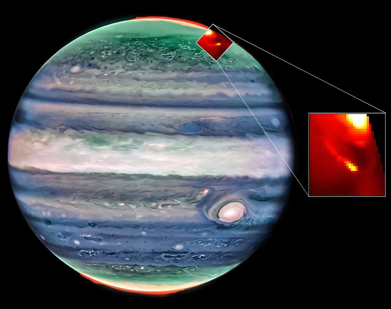 Una imagen infrarroja de Júpiter capturada por el Telescopio Espacial James Webb revela sus impresionantes auroras polares, tormentas y la Gran Mancha Roja en una vista única. (Webb/NIRCam: NASA, ESA, CSA, Equipo ERS de Júpiter; procesamiento de imágenes: Judy Schmidt. Crédito Webb/NIRSpec: Katie L. Knowles (Universidad de Northumbria).)