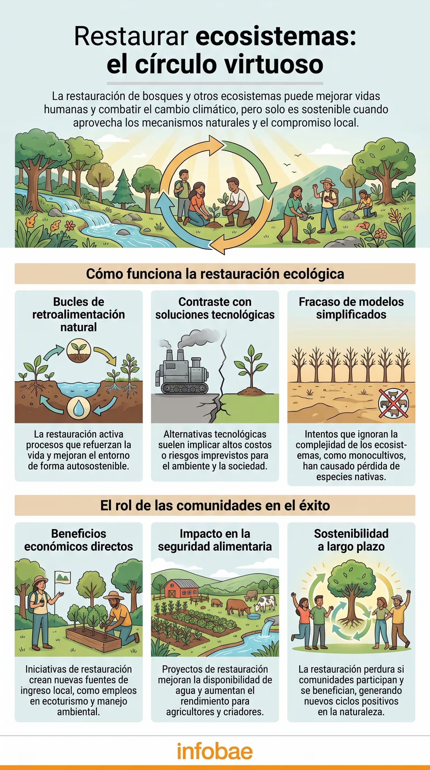 Esta infografía detalla cómo la restauración de ecosistemas naturales mejora vidas, combate el cambio climático y es sostenible al involucrar a las comunidades locales, generando beneficios a largo plazo (Imagen Ilustrativa Infobae)