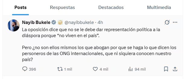 El presidente Nayib Bukele utilizó este lunes su cuenta de X para expresarsu apoyo a la reforma para la representación de la diáspora en la Asamblea Legislativa. 