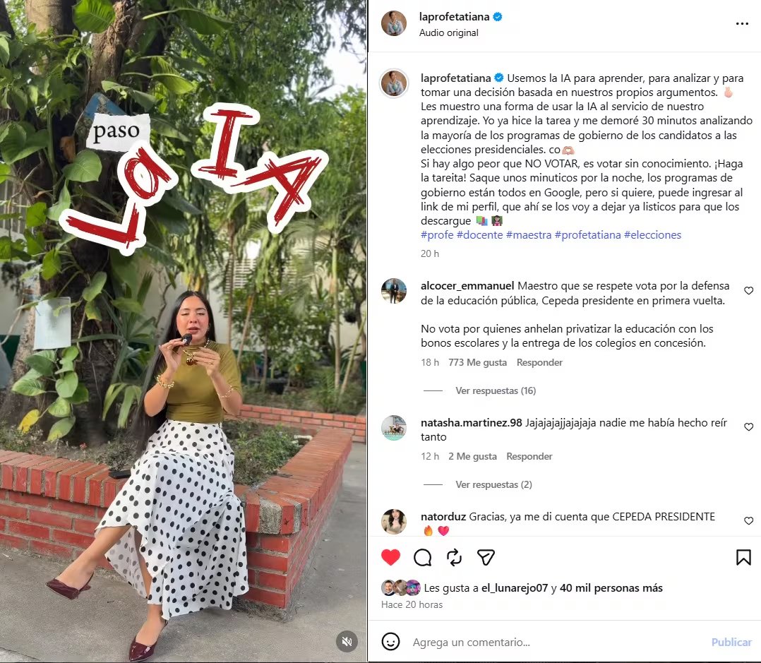 La docente compartió el video el miércoles 27 de mayo de 2026, a cuatro días de la contienda electoral - crédito @laprofetatiana/IG