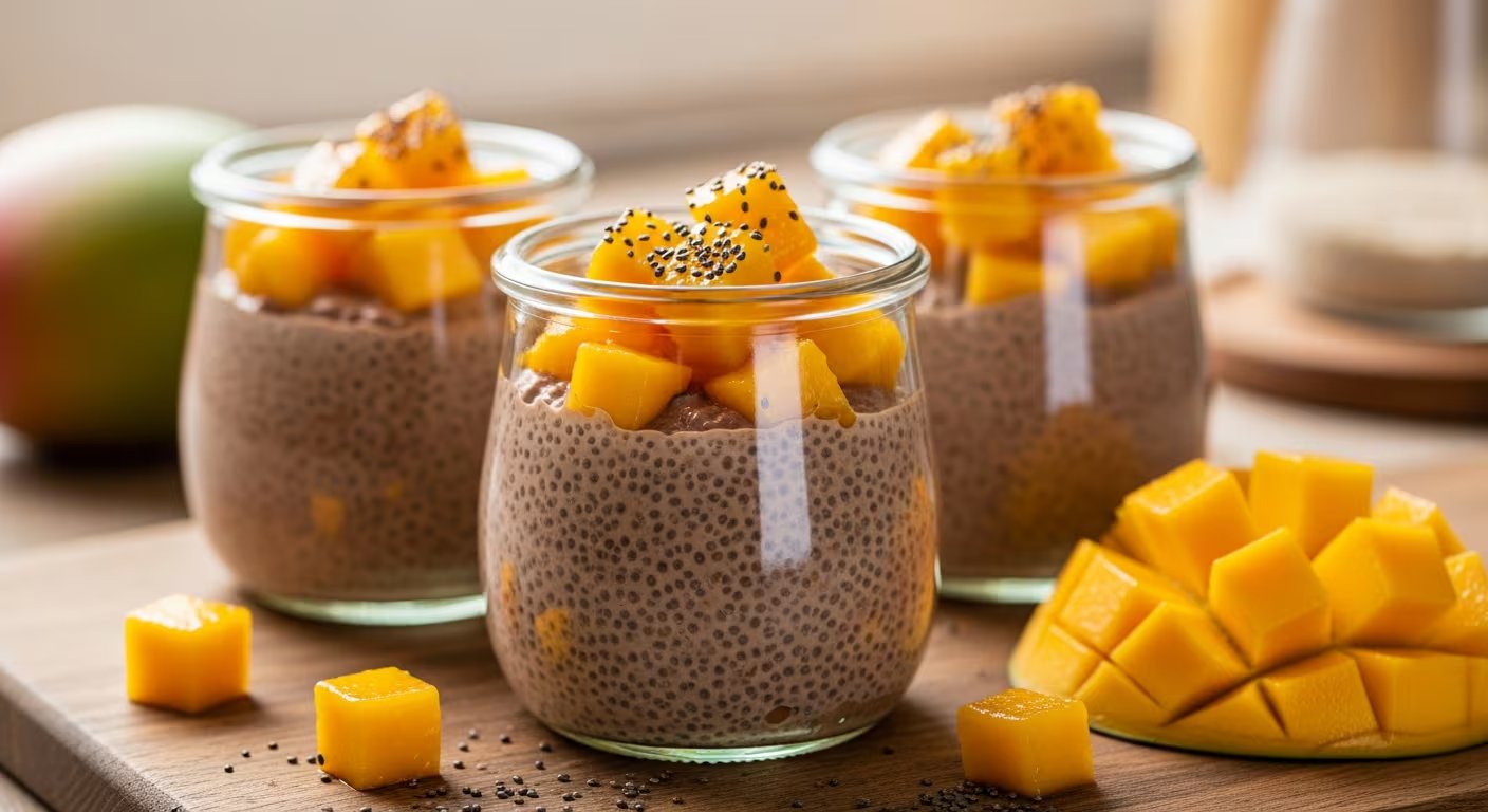 Tres vasitos de pudín de avena y cacao, cubiertos con cubos de mango brillante y semillas de chía, ofrecen una opción deliciosa y nutritiva para cualquier momento del día. (Imagen Ilustrativa Infobae)