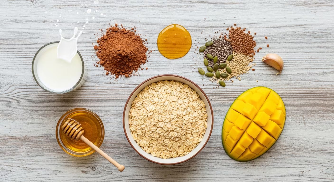 Sobre un fondo de madera clara se presentan ingredientes frescos como avena, cacao, leche, mango, miel y semillas, ideales para una preparación saludable. (Imagen Ilustrativa Infobae)