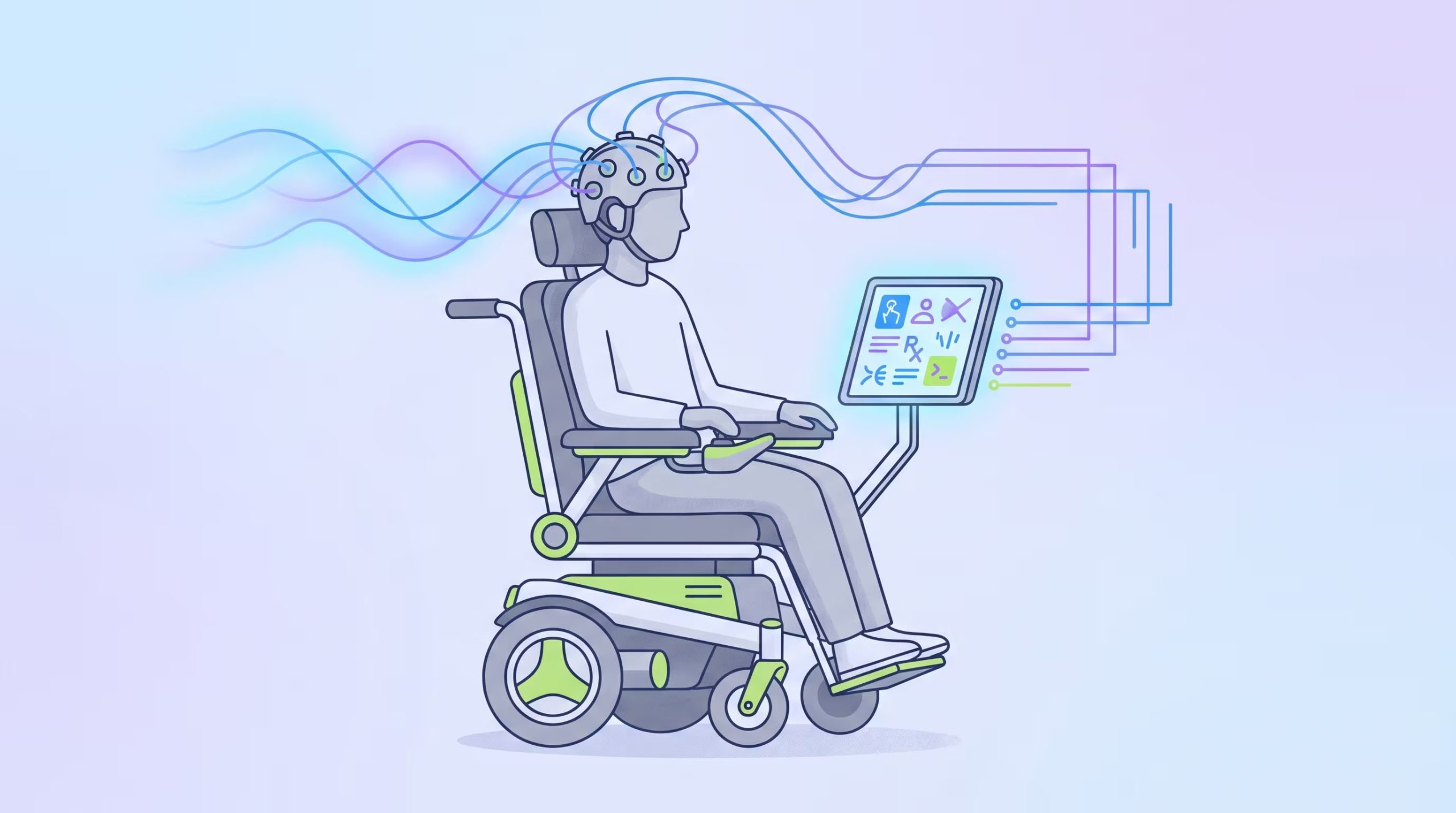 Una ilustración conceptual muestra a una persona en silla de ruedas motorizada utilizando un casco de electrodos para interactuar con una pantalla digital y controlar su movimiento mediante una interfaz cerebro-máquina. (Imagen Ilustrativa Infobae)