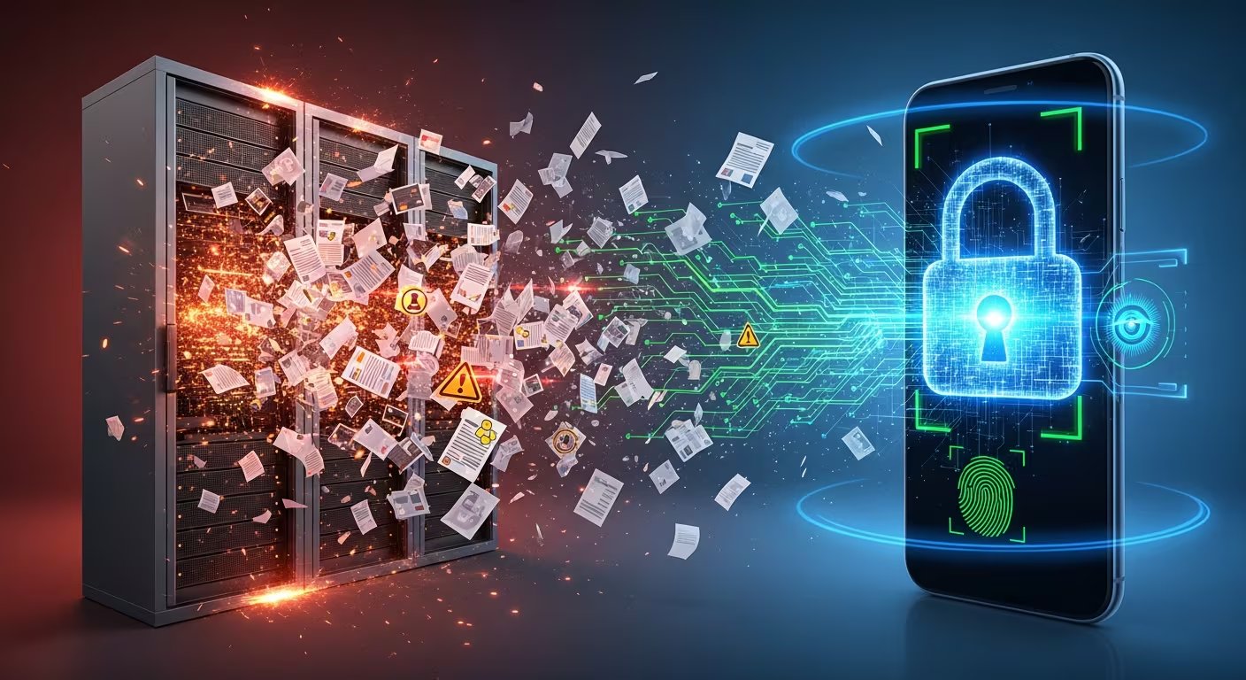 Ilustración hiperrealista que muestra la fuga de datos de servidores hackeados y la seguridad de un smartphone con candado digital y escaneo biométrico, enfatizando la protección de la privacidad. (Imagen Ilustrativa Infobae)