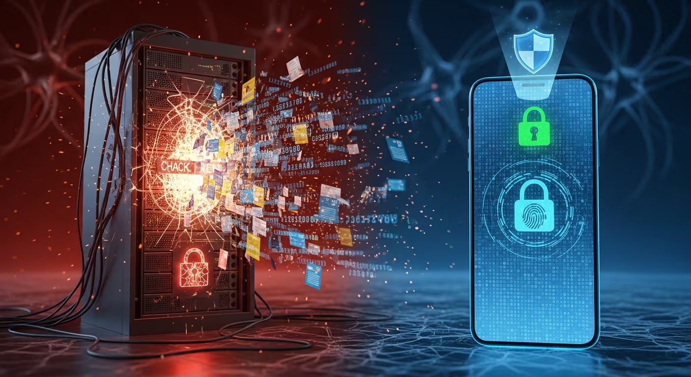 Una ilustración hiperrealista compara un servidor hackeado desintegrándose en datos filtrados con un smartphone seguro, mostrando un candado digital y escaneo biométrico para protección de la privacidad. (Imagen Ilustrativa Infobae)