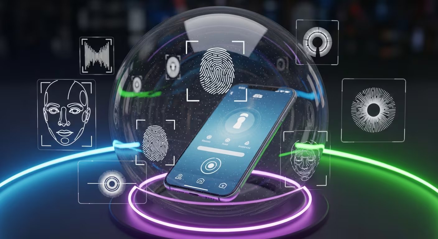 Un teléfono inteligente se exhibe en una esfera transparente, rodeado de datos biométricos como huellas dactilares y reconocimiento facial, simbolizando la identidad digital segura y la privacidad sin servidores externos en un entorno futurista. (Imagen Ilustrativa Infobae)