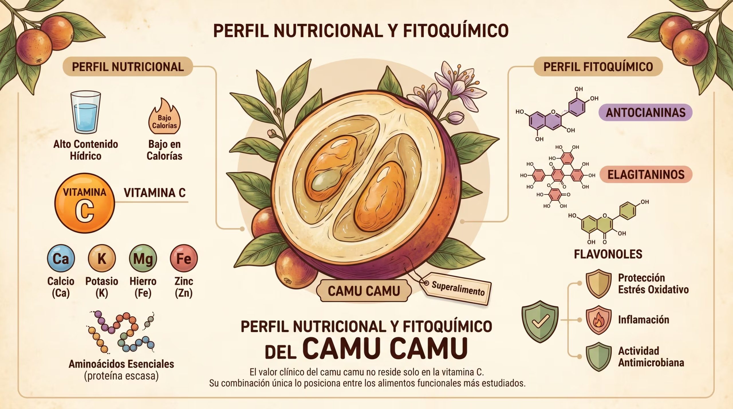 El camu camu aporta vitamina C, minerales y aminoácidos esenciales, además de ser bajo en calorías y rico en agua. (Imagen Ilustrativa Infobae)