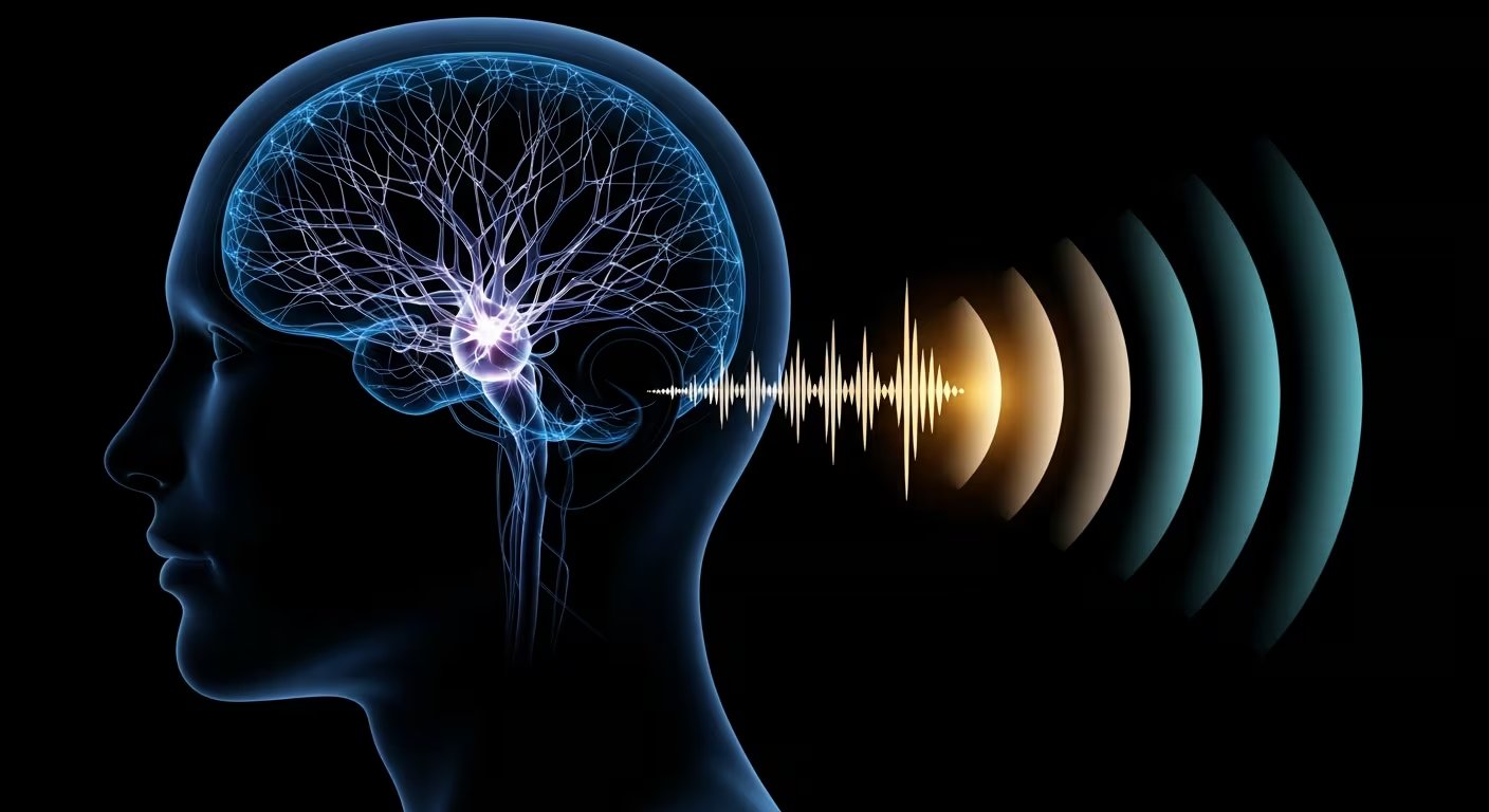Una silueta de cabeza humana muestra una red neuronal interna iluminada en azul y violeta, mientras ondas sonoras concéntricas emanan del oído, con una destacada en dorado representando la selección auditiva. (Imagen Ilustrativa Infobae)