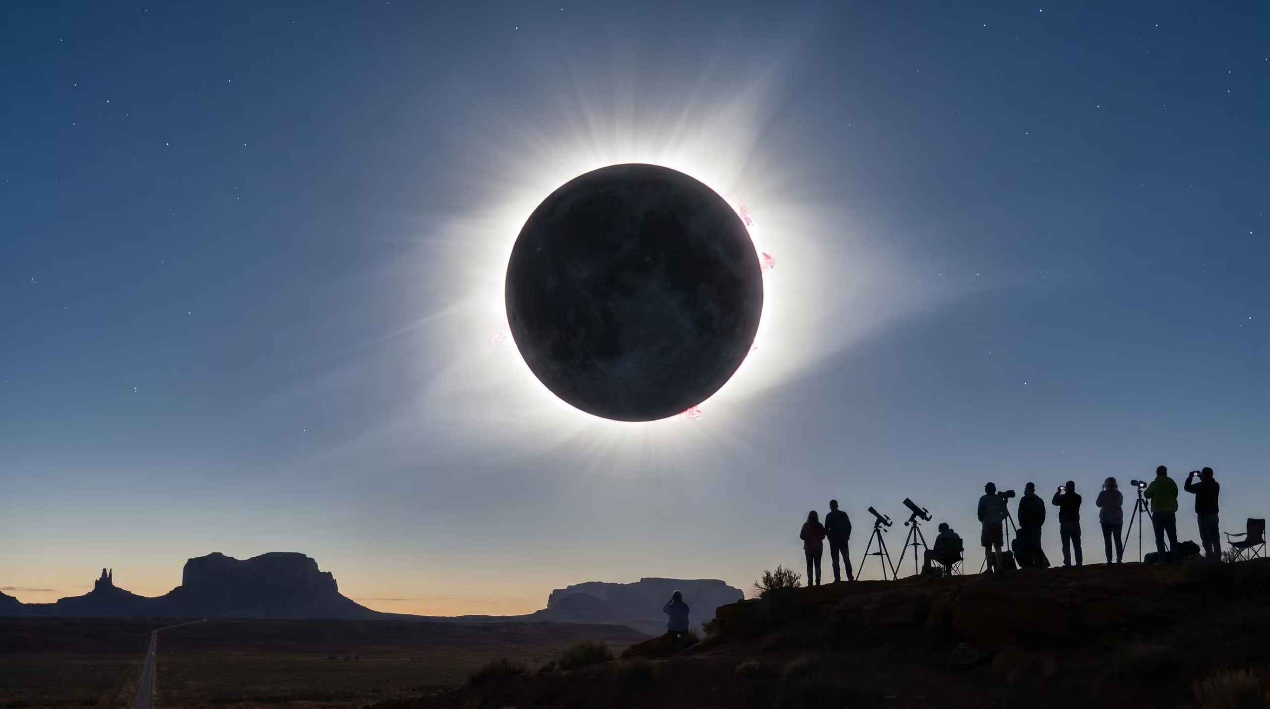 Entusiastas observan un espectacular eclipse solar total con la corona brillando intensamente y prominencias solares visibles, sobre un paisaje desértico con formaciones rocosas. (Imagen Ilustrativa Infobae)