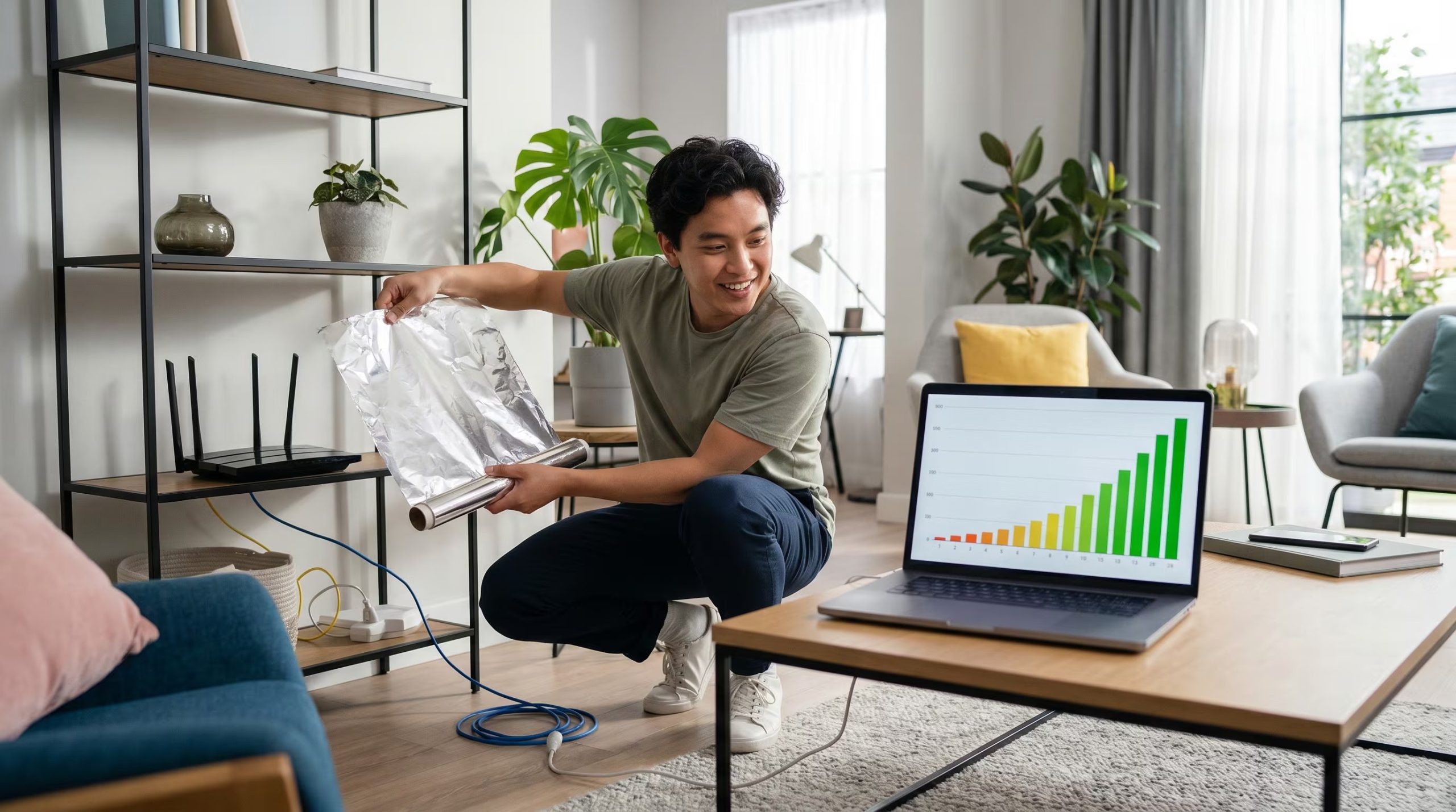 Un hombre sonríe mientras coloca papel aluminio detrás de su módem WiFi, observando un gráfico en su laptop que muestra una mejora significativa en la señal de internet. (Imagen Ilustrativa Infobae)