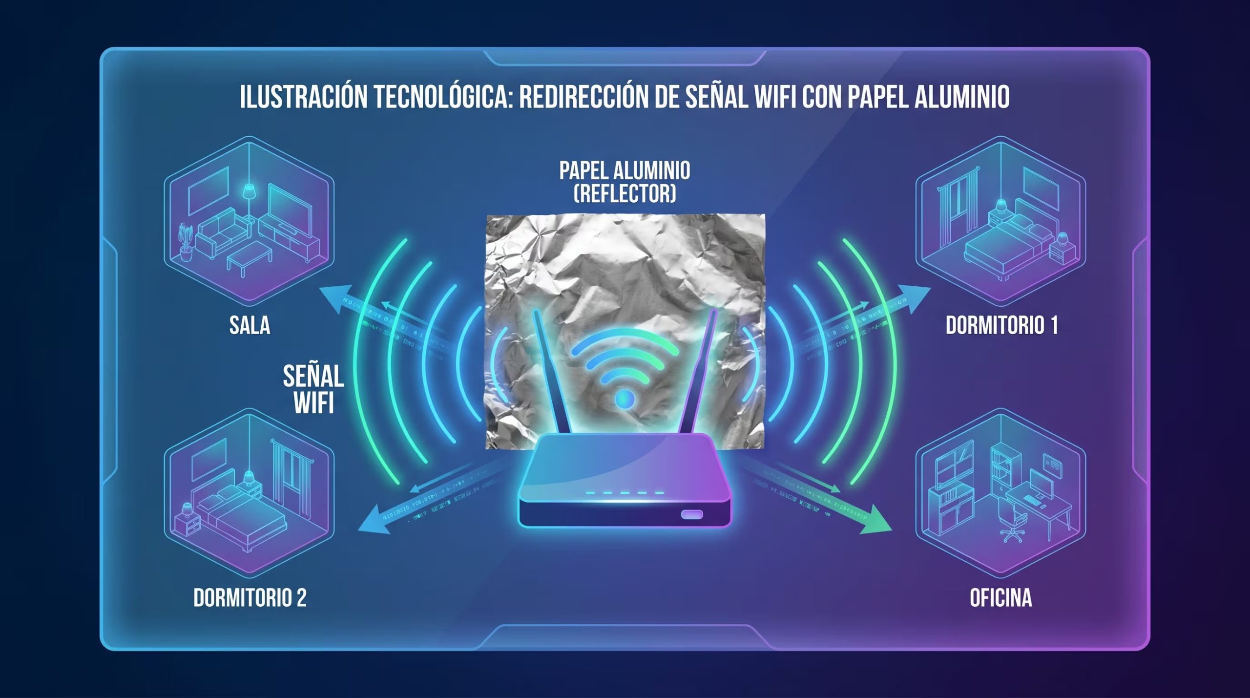 Una ilustración tecnológica muestra cómo el papel aluminio redirige las ondas WiFi desde un router hacia distintas habitaciones, optimizando la cobertura del internet en el hogar. (Imagen Ilustrativa Infobae)
