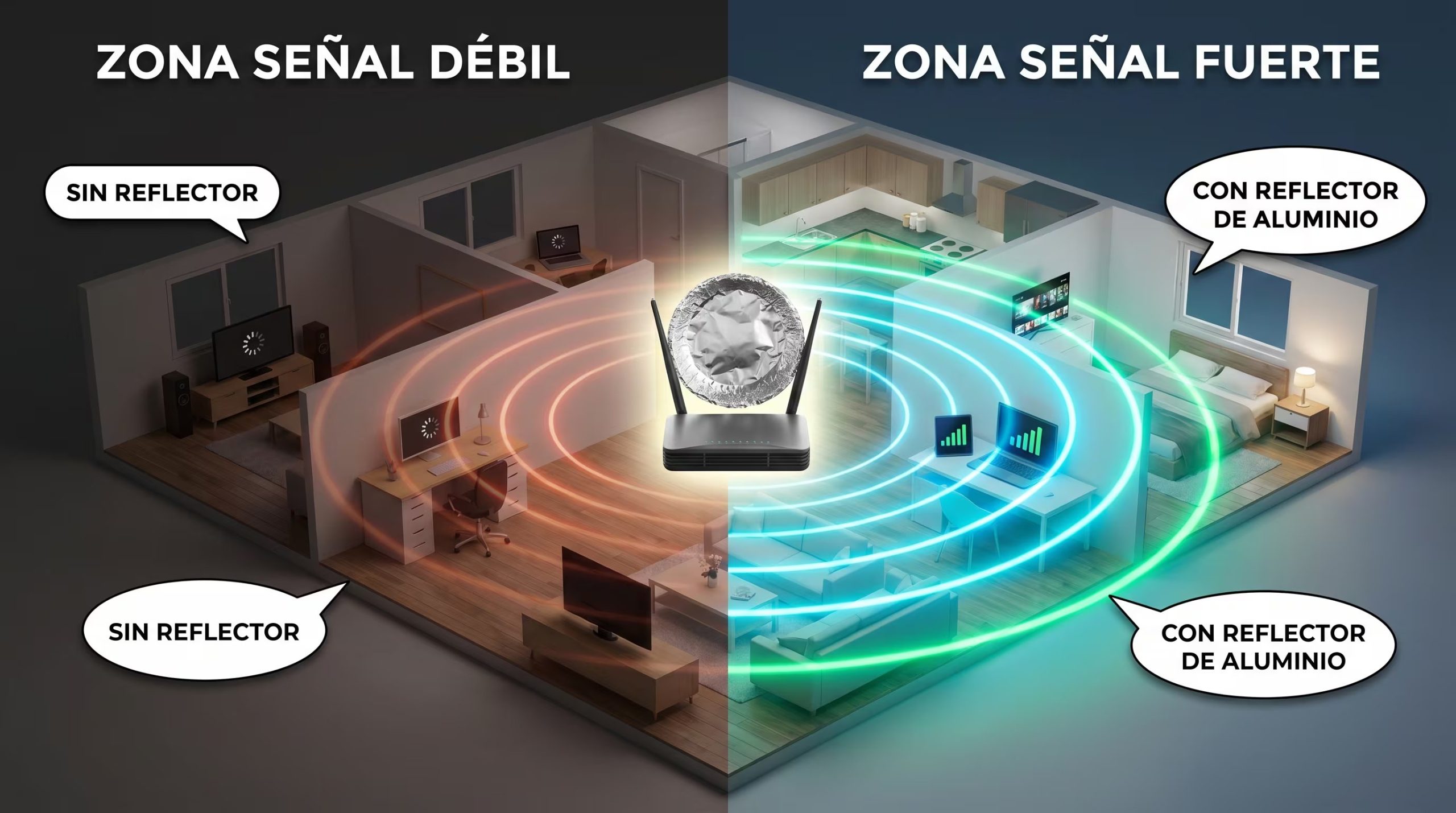 Una ilustración 3D realista muestra cómo un módem WiFi con un reflector de papel aluminio dirige la señal, creando una zona de cobertura fuerte y eliminando áreas de señal débil dentro de un hogar. (Imagen Ilustrativa Infobae)