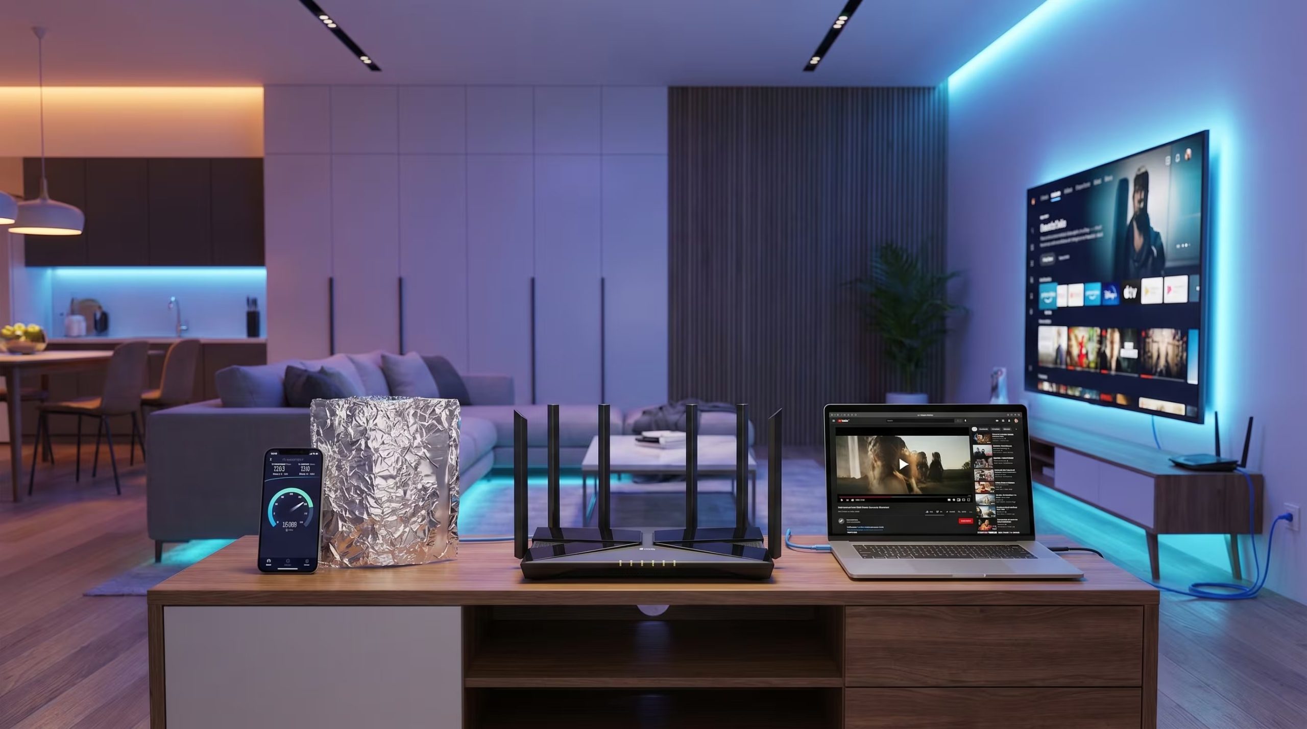 Un moderno escenario doméstico muestra un router WiFi y un teléfono inteligente con una prueba de velocidad de internet, mientras una laptop y un smart TV están conectados en un ambiente con iluminación tecnológica. (Imagen Ilustrativa Infobae)