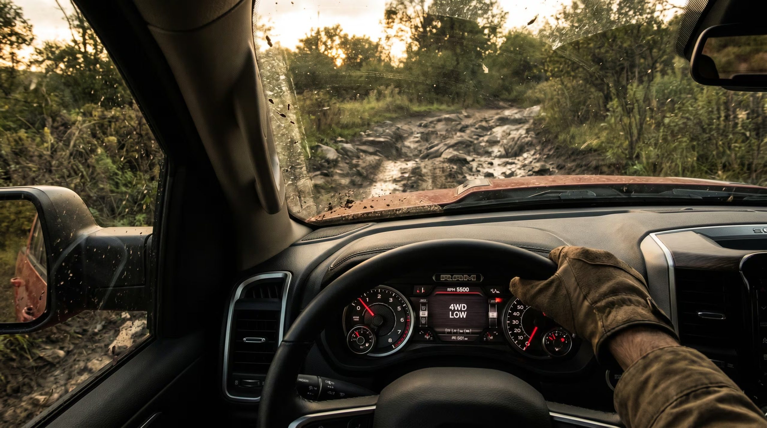 Un conductor con guantes navega un camino rural complicado con su pickup moderna, el tablero muestra el motor a altas revoluciones y el modo 4WD Low activado. (Imagen Ilustrativa Infobae)