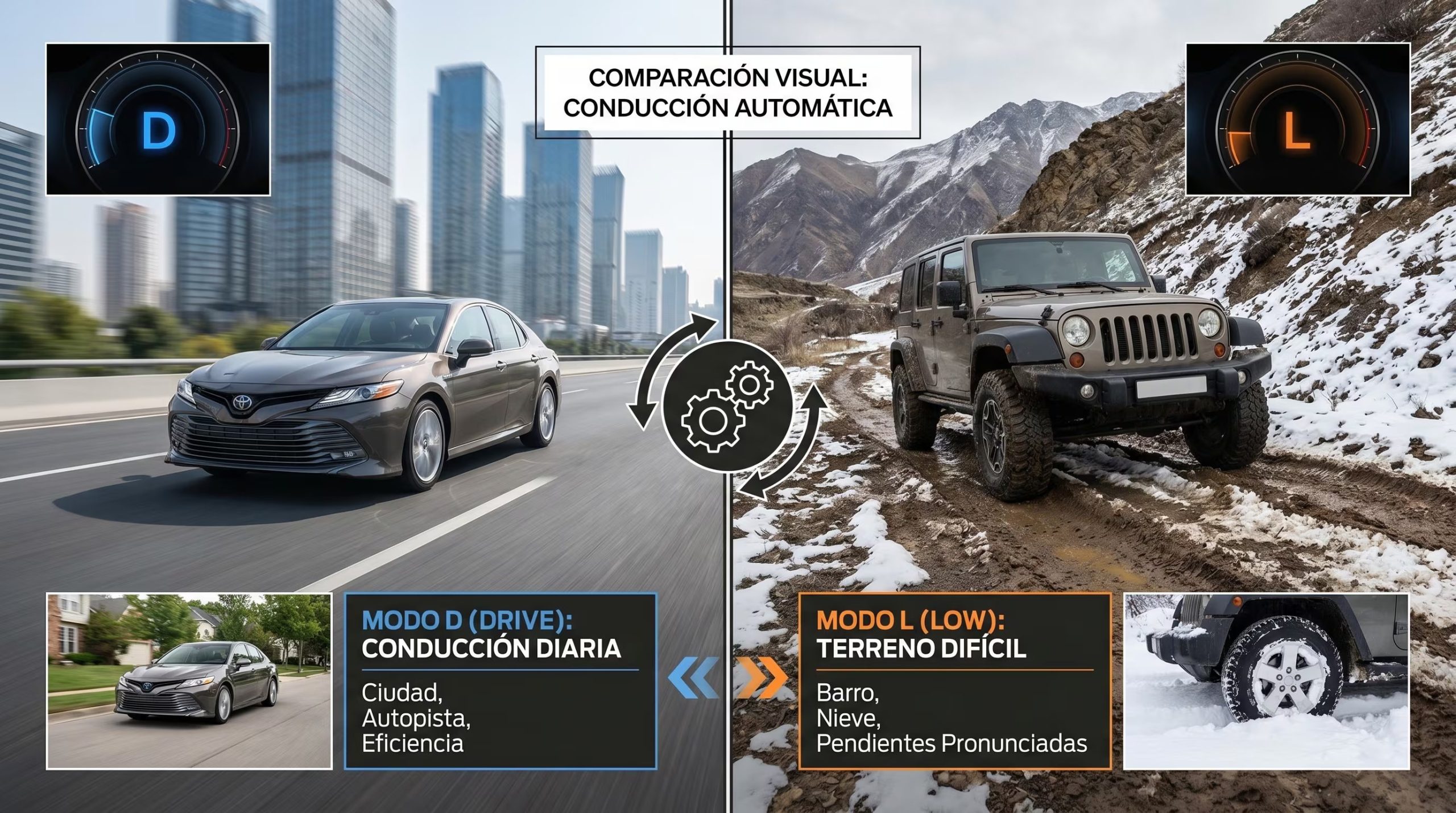 Esta imagen compara visualmente el modo de conducción 'D' para entornos urbanos y autopistas con el modo 'L' para terrenos desafiantes como barro, nieve y pendientes pronunciadas, ilustrando su aplicación práctica. (Imagen Ilustrativa Infobae)
