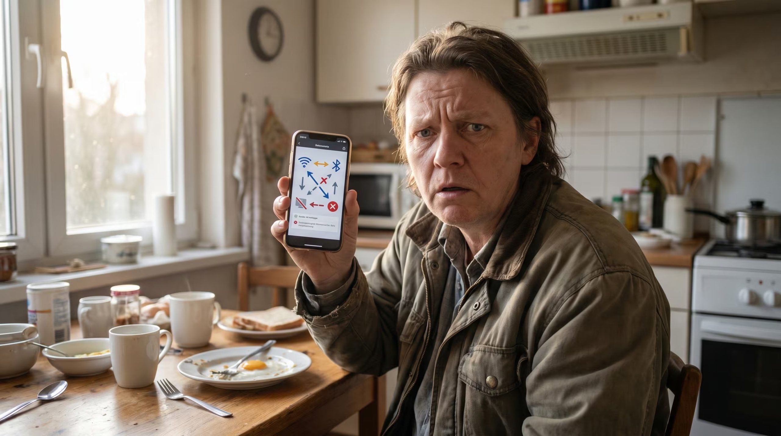 En un ambiente cotidiano, un hombre mira con perplejidad los íconos de red y conexión en la pantalla de su smartphone, reflejando la dificultad de navegar la tecnología moderna. (Imagen Ilustrativa Infobae)